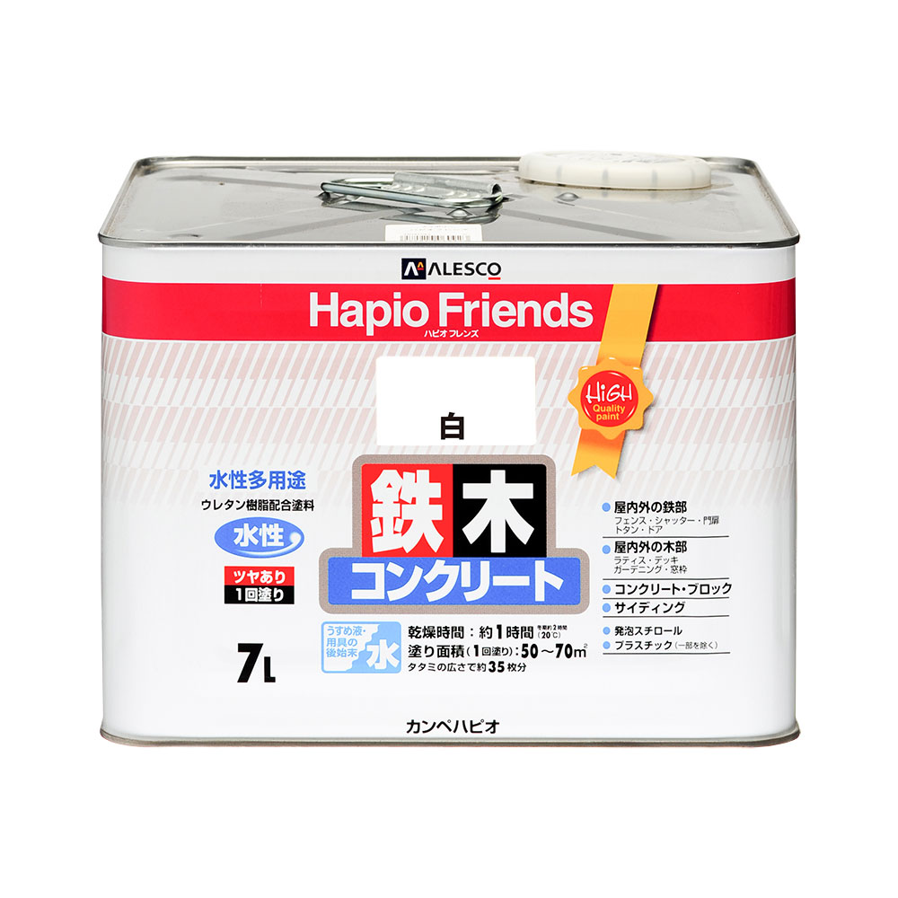 型番77650011070 商品説明ウレタン樹脂配合だから紫外線・排ガス・雪・酸性雨など外敵から建物を守り、長期間風合い・ツヤを保ちます。臭いが少なく、乾燥も速く、使いやすい水性タイプ。※乾くと雨や水で流れ落ちる事はありません。防カビ剤配合だから外壁・水まわりなどをカビの発生から守ります。防サビ配合だから鉄部をサビの発生から守ります。【用途】木部・鉄部・プラスチック(一部を除く)・発泡スチロール・コンクリートなど【塗れないもの】自動車、バイク、高級家具、床面、ビニールクロス、常に水に浸かっている所、鉄以外の金属(ステンレス、アルミ、メッキ、真ちゅう、銅、ホーロー)、タイル、化粧板、陶器、ポリカーボネート、ポリエチレン、ポリプロピレン、シリコンなど特殊処理された素材 仕様容量:7L色:白商品サイズ(幅×奥行×高さ):238×238×178商品重量(g):9270乾燥時間: 約1時間(20℃) 約2時間(冬期) 重ね塗り時間:4時間以上(20℃) 6時間以上(冬期)塗り面積(m2):約 50~70塗り重ね回数:1回