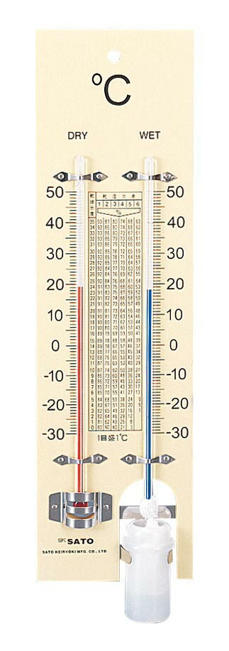 型番IT 商品説明●乾球・湿球の2つの温度計で湿度を算出します。 ●乾球側は赤、湿球側は青に着色されており、示度が明確にわかります。 ●測定範囲 −30〜50℃(1℃目盛) ●精度 ±1℃(0〜30℃)　±2℃(その他) ●大きさ 79×29×271mm　約125g