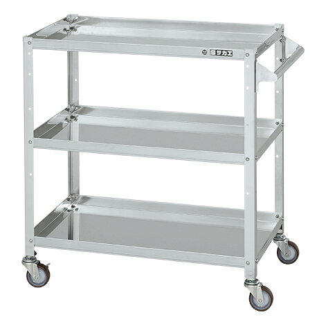 型番SR474803TNU 商品スペック●外寸：W750×D450×H800mm●均等耐荷重：120kg●質量：13kg●材質：SUS430、#400仕上げ●キャスター：75φナイロンウレタン車（スチール金具） 仕様●棚板は皿型・フラット型に組替え可能！●棚板ヘミング