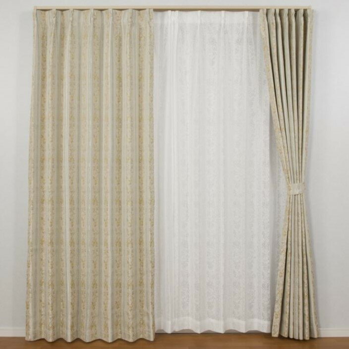 【当店限定】11/5～11/11までポイント5倍！！ユニベール 遮光性 裏地付 形状記憶加工 ドレープカーテン エレンシア イエロー 幅200cm×丈215cm 1枚入り 遮光カーテン リーフ柄 インテリア 内装 おしゃれ