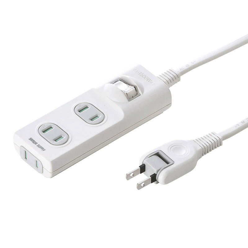 型番TAP-TSH31SWN 商品説明【特長】 ホコリ防止シャッター、トラッキング火災予防の3個口集中スイッチ付安全タップです。 差込口はホコリの侵入を防止するシャッターが付いて安全です。子供のいたずら予防にもなります。 恐ろしいコンセント火災を予防する絶縁キャップ付きスイングプラグを採用しました。 集中スイッチ付きなので、一括電源ON・OFFができて便利です。またランプ付きスイッチなので電源の切り忘れ防止にもなります。 安全性、信頼性を向上させた保護被ふくコードを使用しています。 接続した機器を記入できるネームタグ付きです。 【仕様】 定格容量：15A・125V（合計1500Wまで） プラグ仕様：2P・スイングプラグ（絶縁キャップ付き） 差込口：2P・3個口 コード：VFF 1.8スケア（SQ）×2心仕上がり外形寸法 約4.2mm×7.6mm コード長：1m 本体サイズ：W118×D44×H31.4mm（スイッチガードを含む） 付属品：ネームタグ×3 使用地域：日本国内のみ。日本以外ではご使用いただけません。 認証：電気用品安全法（PSE）技術基準適合品