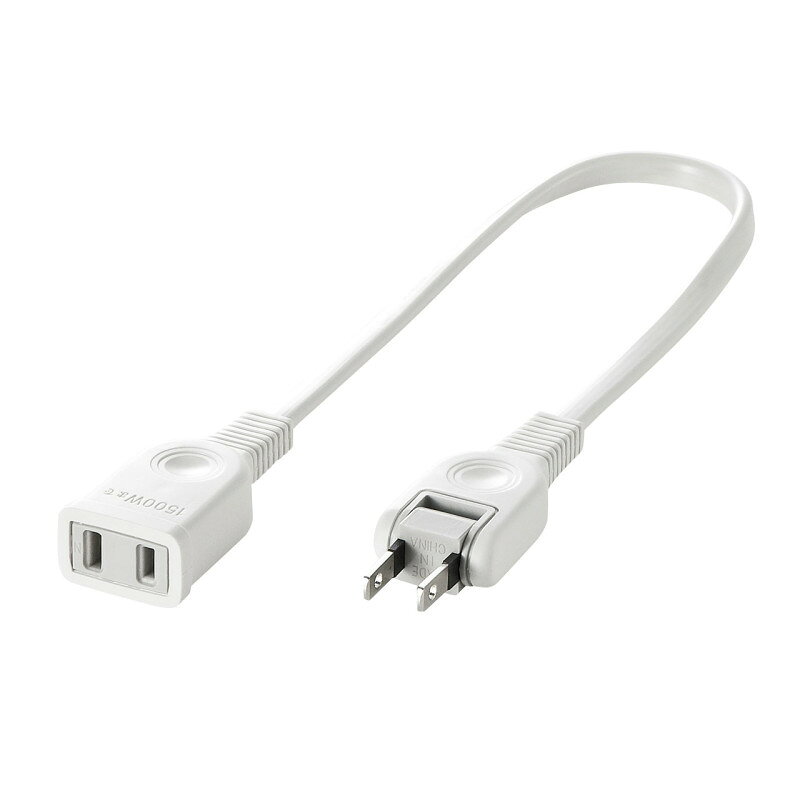 型番TAP-EX21003 商品説明【特長】 タップや機器の電源延長に便利。トラッキング火災防止絶縁キャップ付スイングプラグ採用。 ACアダプタの電源延長に便利です。 トラッキング火災を予防できる絶縁キャップ付スイングプラグを採用しています。 PSE（電気用品安全法）技術基準適合品でトラッキング対策適用範囲拡大対応です。（耐トラッキング性試験、グローワイヤ燃焼性試験認可） 【仕様】 定格容量：15A・125V（1500Wまで） プラグ仕様 ：2Pオス（絶縁キャップ付きスイングプラグ）・2Pメス コード：仕上がり外形寸法 約4.2×7.6mm 電源コード長：0.3m 使用地域：日本国内のみ。日本以外ではご使用いただけません。 認証：電気用品安全法（PSE）技術基準適合品