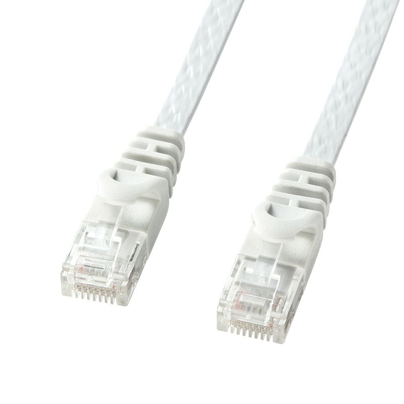 型番LA-FL6-05W 商品説明【特長】 厚さ1.5mmのフラットタイプ、爪折れ防止カバー付きギガビット完全対応LANケーブル 伝送速度1000Mbps（1Gbps）、伝送帯域250MHzを実現した、ギガビット完全対応LANケーブルです。 薄さ1.5mmの超フラットで、カーペットの下や、細い隙間にスッキリ配線できます。 コネクタ部の爪が折れにくいよう、ツメ折れ防止カバーを採用しています。 【仕様】 カラー：ホワイト ケーブル長：5m コネクタ形状：RJ-45スリムコネクタ付き（ツメ折れ防止カバー付き） ケーブル構造：より線ツイストペアケーブル（30AWG）、ストレート全結線 ケーブル直径：1.5mm×6.2mm 対応伝送帯域：カテゴリ6（1000BASE-TX）、カテゴリ5e（1000BASE-T）、カテゴリ5（100BASE-TX）、カテゴリ3（10BASE-T）適合
