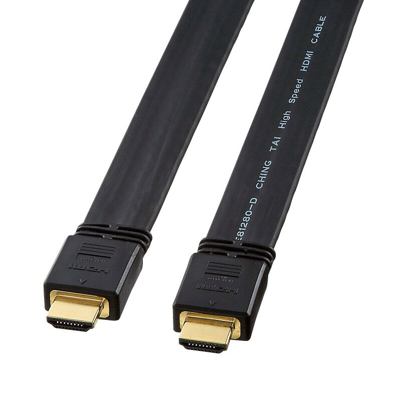 型番KM-HD20-100FK 商品説明【特長】 ハイスピードHDMIケーブル　10m　フルスペックハイビジョン（1080P）、4K2K、3D、ブラック、フラットタイプ DVD・ハードディスク・ブルーレイディスクレコーダー、パソコン本体などとハイビジョンテレビ、液晶ディスプレイ、プロジェクターなどの機器を接続します。映像と音声とネットワークの信号を1本のケーブルで伝送することができます。 HDMIイーサネットチャンネル（HEC）に対応しています。対応した機器と機器がイーサネット・ネットワークでつながります。（ 1） オーディオリターンチャンネル（ARC）に対応しています。テレビ側から音声信号をAVアンプなどに伝送することができます。（ 1） 4K2K［4096×2160（24p）、3840×2160（30p）］の高解像映像に対応しています。（ 1） 3DフルHD（1080p×2画面表示）映像をサポートしています。（ 1） 1080PフルHD信号に対応しています。（ 1） 高音質デジタル音声信号（マルチチャンネルサラウンド）に対応しています。（ 1） フラット（薄型）ケーブルなので、機器の背面の狭いスペースでも配線が可能なので隙間やカーペット下などへもすっきり配線ができます。 各ツイストペア線ごとにアルミシールドと編組シールドの独立シールド構造を採用したハイグレードケーブルです。外部ノイズの侵入や相互干渉を低減することで高質な信号伝送を可能にします。 線材に純度99.996％OFC（無酸素銅）を採用し、画質劣化を抑制しているOFCケーブルです。 サビにも強く、経年変化による信号劣化の心配が少ない金メッキ処理のコネクタシェルとピン（コンタクト）を使用しています。 土壌や地下水などの環境汚染の原因となる鉛をほとんど含まない無鉛ハンダを使用しています。 （ 1）各機能に対応した機器が必要です。 【仕様】 ケーブル長：10m ケーブル断面サイズ：4.1×20.8mm コネクタ形状：HDMIプラグ-HDMIプラグ（HDMIタイプAコネクタ オス-HDMIタイプAコネクタオス） HDMI規格：HIGH SPEED with ETHERNET（バージョン1.4、カテゴリ2 対応） ケーブル規格：UL20276 対応解像度：4K（3840×2160）/30Hz、4096×2160/24Hz、1920×1080/60Hz（1080p）、1920×1080/120Hz、2560×1440/60Hz 帯域：10.2Gbps ≪特注不可≫：少量からの特注は、お受けすることができません。数量によっては可能な場合がありますので、詳しくはサンワサプライ営業までお問い合わせください。
