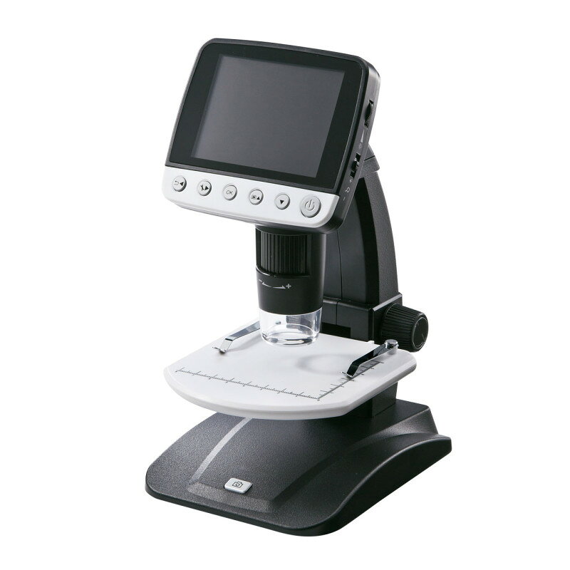 型番LPE-06BK 商品説明【特長】 HDMI出力できるデジタル顕微鏡 光学倍率最大500倍まで拡大できるモニタ付き顕微鏡です。 光学ズームは20〜500倍、デジタルズームは最大4倍まで変更できます。 3.5インチ大型液晶モニタを内蔵しています。 ディスプレイにHDMI接続が可能で、フルHDの高解像度で画面出力ができます。 デスクに置いて使う据え置き型なので、ピント合わせ・撮影の際にカメラがぐらつきません。 8つのLEDを内蔵し、被写体を明るく撮影できます。 付属のHDMIケーブルまたはビデオケーブルを接続すると、映像をディスプレイに出力することができます。 リチウムイオン電池で繰り返し充電できるので経済的です。 microSDカードを入れると撮影した写真が保存できます。 ＜注意事項＞ 製品本体のモニタに表示した時の倍率は、最小倍率約3倍、最大倍率約24倍です。 本製品で3Mの解像度で画像を撮影し、解像度1920×1080ピクセルに設定した52インチモニタで表示した場合、約500倍になります。 被写体にレンズ部をぴったりつけている場合、高倍率と低倍率の2箇所でピントが合います。 光学ズームの倍率は画面上では表示されません。 任意の倍率で対象物を見ることはできません。 【仕様】 センサー：350万画素CMOSセンサー 倍率：光学ズーム20〜500倍（デジタルズーム最大4倍） 静止画撮影解像度：14M（5120×2880ピクセル）8M（3840×2160ピクセル）5M（3072×1728ピクセル）3M（2304×1296ピクセル）2M（1920×1080ピクセル）WVGA（848×480ピクセル） 動画撮影解像度：1080FHD、720p/60fps、720p/30fps、WVGA 保存フォーマット：JPEG ビデオ形式：H.264 ディスプレイ：3.5インチTFT液晶 記録メディア：microSD SDHC（最大32GB）※別売り 接続方式：HDMI/USB/ビデオケーブル 電源：リチウムイオンバッテリーまたはACアダプタ バッテリー寿命：最大 120分（LED点灯時） 充電時間：約3時間 サイズ：W104×D149×H227mm 付属品：リチウムイオンバッテリー、ACアダプタ、USBケーブル、HDMIケーブル、ビデオケーブル、クリーニングクロス、キャリブレーションシート、プレパラート×2、ガラスプレート2枚