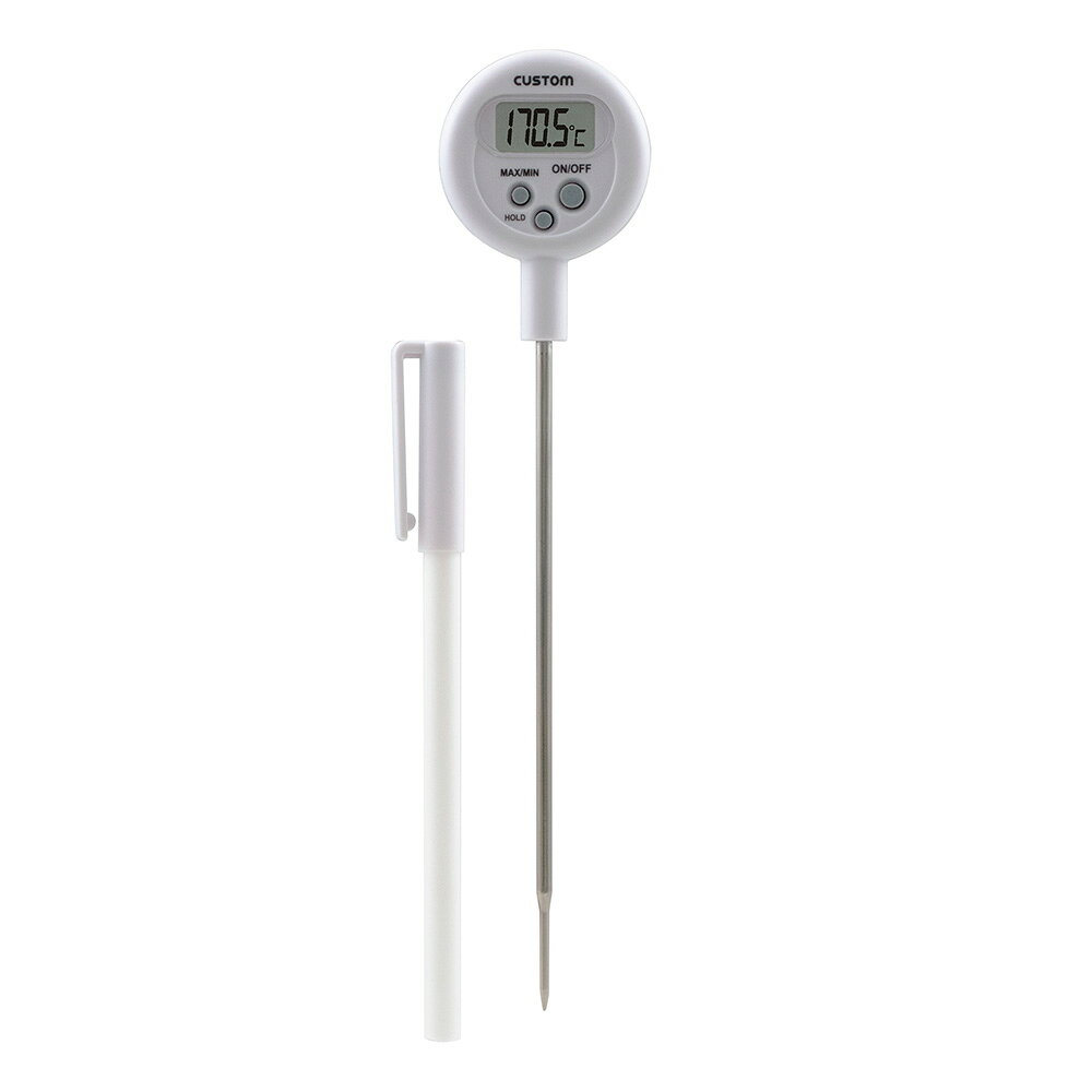 型番CT-410WP 商品説明【特長】 ●IPX5に準拠したポケットタイプの防滴ペン型温度計。 ●作業性の良いセンサー長さ ●MAX/MIN値メモリー表示機能付き。 ●センサーを保護し、携帯に便利なプローブキャップ付き。 【仕様】 ●センサータイプ：サーミスタ ●プローブ：Φ3.5×140mm(先端Φ2.2mm) ●測定範囲(℃)：-50.0〜+300.0 ●分解能：0.1℃ ●測定精度：±1℃(-10.0〜+100.0℃)、±2℃(-50.0〜-10.1℃/+100.1〜+200.0℃)、±4(+200.1〜+300℃) ●サンプリング：約1回/秒 ●使用温度：0〜+50℃ ●保存温湿度：-20〜+65℃、80%RH以下(但し、結露のないこと) ●電源：LR44ボタン型電池×1 ●電池寿命：約1年(1日約3時間の使用にて) ●サイズ：45(W)×215(H)×18(D)mm ●重量：約30g(プローブキャップ、電池含む) ●材質：SUS304(プローブ) ●付属品：取扱説明書(保証書付)、プローブキャップ