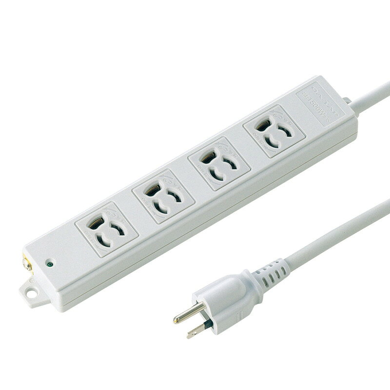 型番TAP-KE4-1 商品説明【特長】 環境に優しいケーブルを使用。3P抜け止めマグネット・4個口　1m。 環境に優しいケーブルを使用。3P抜け止めマグネット・4個口　1m。 4個口（3P抜け止め）、エココード仕様、3Pプラグ（絶縁キャップ付き）のタップです。 電源状態が確認できる通電ランプ付きです。 裏面にマグネットが付いているので、スチールのデスクなどに仮固定することができます。メンテナンスがしやすく便利です。 差込口部分に熱・衝撃に強いユリア樹脂を採用して二重構造にしています。 トラッキング火災予防に有効な絶縁キャップ付き3P（接地付き）プラグです。 塩ビを使用しないハロゲンフリーのエココード（エコケーブル）を採用しています。耐燃性ポリエチレン混合物を使用して、燃やしてもダイオキシンが発生いたしません。環境負荷の軽減を目指すオフィス、工場などに最適です。 ゴミが少なく、環境に優しい簡易ビニール袋パッケージ採用しています。 【仕様】 定格容量：15A・125V（合計1500Wまで） プラグ仕様：3P（絶縁キャップ付き） 差込口：3P（抜け止めタイプ）・4個口 差込口間ピッチ：40mm コード：EM-ECTF 2.0スケア（SQ）×2心、0.75スケア（SQ）×1心（アース）仕上がり外形寸法 約直径8.5mm コード長：1m コード種類：耐燃性ポリエチレン絶縁耐燃性ポリエチレンシースキャブタイヤ丸形コード（EM-ECTFエココード） 本体サイズ：W239×D43.5×H26mm 生産地：日本 使用地域：日本国内のみ。日本以外ではご使用いただけません。 認証：電気用品安全法（PSE）技術基準適合品