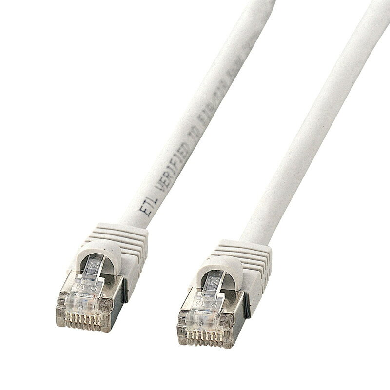型番KB-STP-05LN 商品説明【特長】 ノイズに強いシールドタイプ、1000BASE-T対応のSTP LANケーブル ツイストペアケーブルをさらにシールドでカバーしているノイズに強いケーブルです。 ギガビットに完全対応し、伝送速度1000Mbps（1Gbps）、伝送帯域100MHzを実現します。 性能をフルに引き出せる「単線」仕様の高品質カテゴリ5eLANケーブルです。 【仕様】 カラー：ライトグレー ケーブル長：5m コネクタ形状：RJ-45シールドコネクタ付き（ツメ折れ防止カバー付き） ケーブル構造：単線STP（4対シールドツイストペア）（24AWG）、ストレート全結線 ケーブル直径：5.5mm 対応伝送帯域：カテゴリ5e（1000BASE-T）カテゴリ5（100BASE-TX）カテゴリ3（10BASE-T）適合
