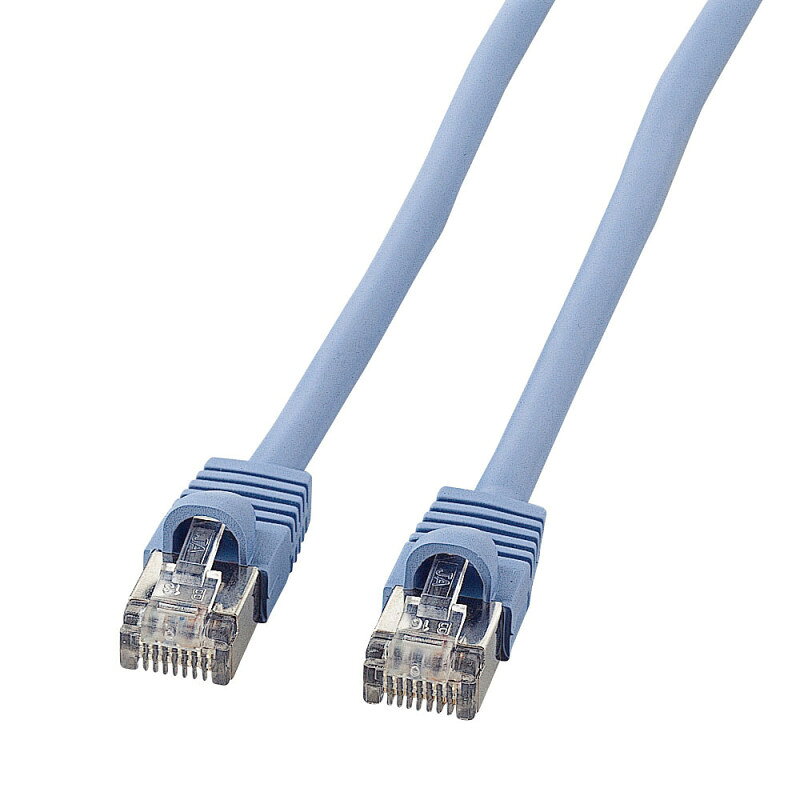 型番KB-STP-05LBN 商品説明【特長】 ノイズに強いシールドタイプ、1000BASE-T対応のSTP LANケーブル ツイストペアケーブルをさらにシールドでカバーしているノイズに強いケーブルです。 ギガビットに完全対応し、伝送速度1000Mbps（1Gbps）、伝送帯域100MHzを実現します。 性能をフルに引き出せる「単線」仕様の高品質カテゴリ5eLANケーブルです。 【仕様】 カラー：ライトブルー ケーブル長：5m コネクタ形状：RJ-45シールドコネクタ付き（ツメ折れ防止カバー付き） ケーブル構造：単線STP（4対シールドツイストペア）、ストレート全結線 ケーブル直径：5.5mm 対応伝送帯域：カテゴリ5e（1000BASE-T）カテゴリ5（100BASE-TX）カテゴリ3（10BASE-T）適合