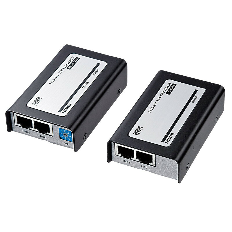 型番VGA-EXHD 商品説明【特長】 HDMI信号をフルHD（1920×1080）解像度で最大40m、720P（1280×780）なら最大60mまで延長できるHDMIエクステンダー HDMI信号をWUXGA（1920×1200ドット）/フルハイビジョン（1920×1080ドット）解像度で最大40mまで、720p（1280×720ドット）解像度なら最大60mまで延長することができるHDMIエクステンダーです。 高画質なHDMI画像信号と同時に高音質な音声信号も延長できます。 HDCP（High-bandwidth Digital Content Protection）対応製品です。 ディスプレイもHDCPに対応している必要があります。 送信機と受信機のセットからなり、ユニット間にLANケーブルを2本使用して延長することができます。 伝送周波数帯域幅が250MHzのLANケーブル（カテゴリ6）を使用することで、高画質なHDMI信号を信号損失を極力抑えた状態で長距離伝送できます。 LANケーブル（カテゴリ6）を使用するので、取り回しが簡単でコストパフォーマンスにも優れています。 本製品はLANケーブル（カテゴリ6）が2本必要です。（付属していません。別途ご購入ください。） HDMI Ver.1.3bに対応しておりDeep ColorやDolbyTrueHDにも対応しています。 工場や建築現場などHDMI機器の設置が難しい環境には、延長先のディスプレイのみを設置し、環境の良い離れた場所にHDMI出力機器を設置する場合などに最適です。 ウォールマウントキットを同梱しており壁掛け設置も可能です。 【仕様】 最大表示解像度：1920×1200ドット（WUXGA）※最大40m延長可1920×1080ドット（フルハイビジョン/1080p）※最大40m延長可1280×720ドット（720p）※最大60m延長可 延長ケーブル長： 60m（最大）※解像度によりケーブル延長可能距離が異なります。 HDCP：HDCP1.2対応※ディスプレイもHDCPに対応している必要があります。 帯域幅：最大2.25Gbps インターフェース：【送信機】入力/ HDMIタイプA（19pin）メス×1出力/ RJ-45メス×2【受信機】入力/ RJ-45メス×2出力/ HDMIタイプA（19pin）メス×1 規格：HDMI Ver.1.3b/DVI Ver.1.0 消費電流：送信機/1.22W（最大）受信機/0.95W（最大） 環境条件：動作時温度・湿度/0〜50℃・80％以下（結露なきこと）保管時温度・湿度/−20〜60℃・85％以下（結露なきこと） 材質：スチール（ケース） サイズ：送信機/W90×D55×H24mm（本体サイズ）受信機/W90×D55×H24mm（本体サイズ） 重量：送信機/160g受信機/160g 付属品：ACアダプタ（DC5V 2.6A）×2、HDMIケーブル（1.8m）×1、ウォールマウントキット×4、取扱説明書、保証書