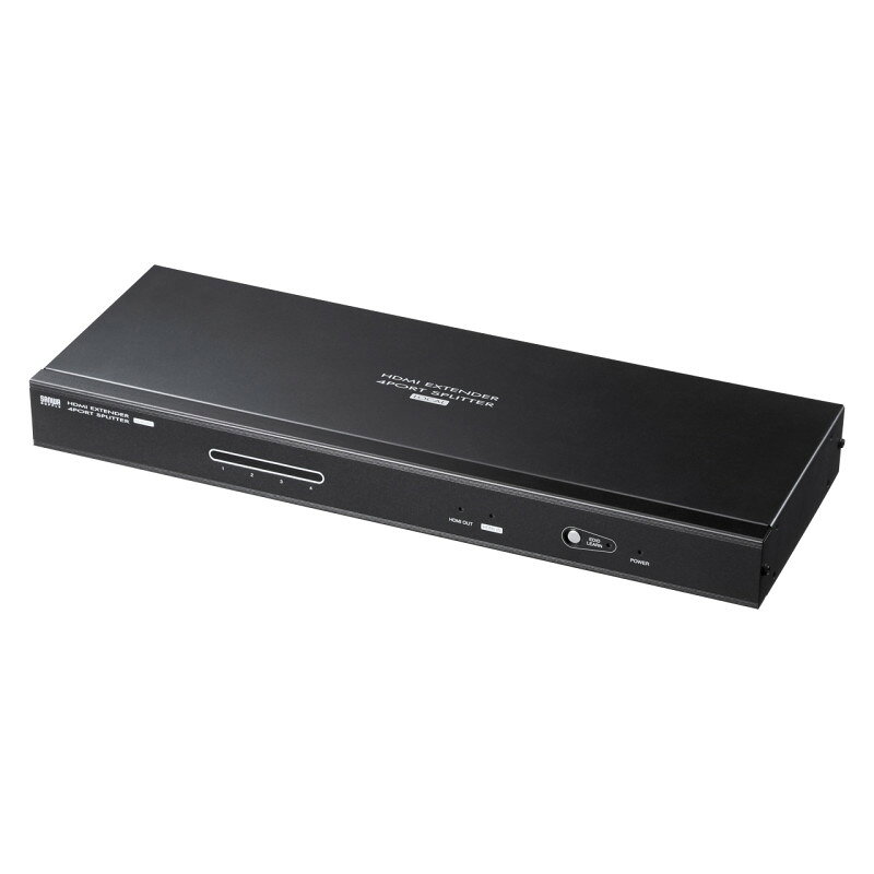 型番VGA-EXHDL4 商品説明【特長】 HDMI信号をフルHD（1920×1080）解像度で最大40m、720P（1280×780）なら最大60mまで4分配して延長できるHDMIエクステンダー HDMI信号をWUXGA（1920×1200ドット）/フルHD（1920×1080ドット）解像度で最大40mまで、720p（1280×720ドット）解像度なら最大60mまで4分配して延長することができるHDMIエクステンダー（送信機）です。 本製品のみではHDMI信号の送信はできません。別途受信機（VGA-EXHDR）が必要です。 高画質なHDMI画像信号と同時に高音質な音声信号も延長できます。 3D信号に対応しています。 HDCP（High-bandwidth Digital Content Protection）対応製品です。 ディスプレイもHDCPに対応している必要があります。 本製品（送信機）と別売の受信機（VGA-EXHDR）間をLANケーブル（カテゴリ6・ストレート）2本で接続することでHDMI信号を延長送信することができます。（正確な機器間認識ができるよう、DDC信号と映像・音声信号を分けて延長送信する方式を採用しています） 伝送周波数帯域幅が250MHzのLANケーブル（カテゴリ6・ストレート）を使用することで高画質なHDMI信号を信号損失を極力抑えた状態で長距離伝送できます。 LANケーブル（カテゴリ6・ストレート）を使用するので取り回しが簡単でコストパフォーマンスにも優れています。 本製品はLANケーブル（カテゴリ6・ストレート）を2本使用します。別途ご購入ください。 推奨ケーブル（サンワサプライ製） KB-T6TS-10N(10m）/15（15m）/20(20m）/30(30m)/40(40m)シリーズ KB-T6L-CB100N(100m）/300K（300m）（自作用・ケーブルのみ） 19インチサーバーラックに設置ができる1Uサイズです。 3段階のデイジーチェーン接続にも対応しています。 工場や建築現場などHDMI機器の設置が難しい環境にディスプレイのみを設置し、HDMI機器を離れた環境の良い場所に設置する場合などに最適です。 【仕様】 最大表示解像度：1920×1200ドット（WUXGA） ※最大40m延長可。1920×1080ドット（フルHD/1080p） ※最大40m延長可。1280×720ドット（720p） ※最大60m延長可。 延長ケーブル長：60m（最大）※解像度によりケーブル延長可能距離が異なります。 HDCP：HDCP1.2対応※ディスプレイもHDCPに対応している必要があります。 帯域幅：最大2.25Gbps インターフェース：入力/HDMIタイプA（19pin）メス×1出力/RJ-45メス×8/HDMIタイプA（19pin）メス×1 分配内容：4分配 消費電力：8W（最大） 環境条件：動作時温度・湿度/0〜50℃・80％以下（結露なきこと）保管時温度・湿度/−20〜60℃・85％以下（結露なきこと） 材質：スチール サイズ：W432×D154×H44mm（本体サイズ） 重量：2.13kg 付属品：ACアダプタ（DC5.3V 2.4A）×1、ゴム足×4、アース線×1、ウォールマウント用金具×1、取扱説明書、保証書 ≪備考≫：※本製品はLANケーブルを使用し映像伝送をする製品でありネットワーク通信を行う製品ではありません。スイッチングハブやルーター等を経由する接続には対応しません。※既存のLAN環境に組み込むことはできません。※スイッチングハブ等を利用した分配延長出力はできません。※無線LAN、ワイヤレスルーター等を利用した無線化出力はできません。