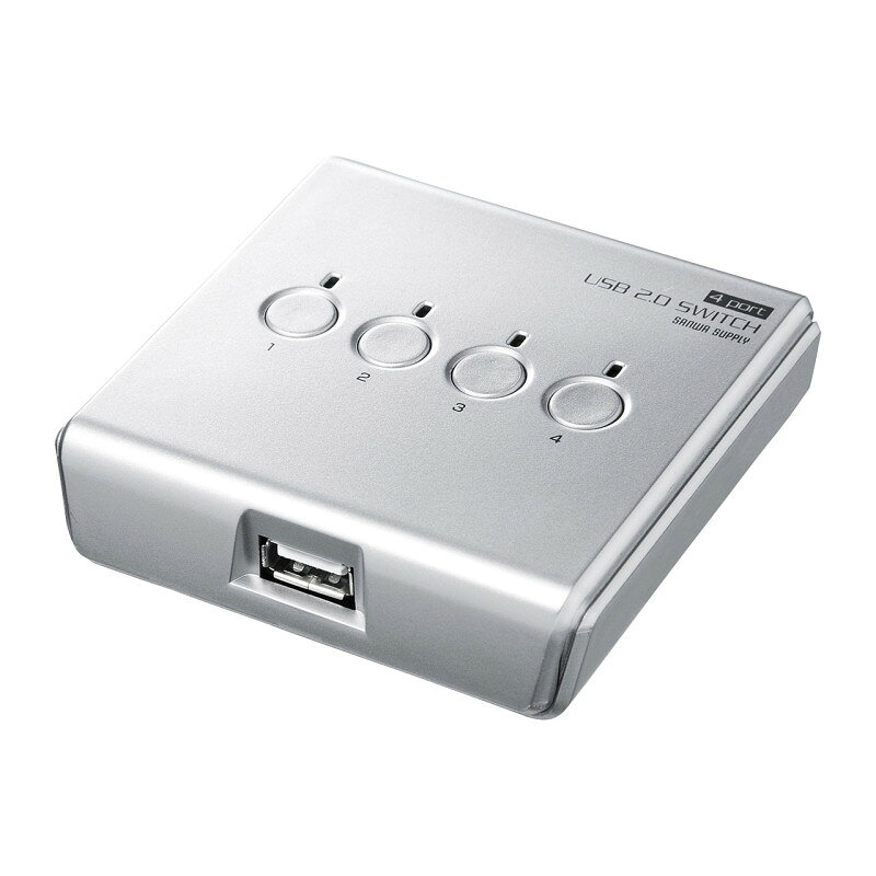 型番SW-US24N 商品説明【特長】 4台のパソコンで1台のUSB2.0対応機器を切替えて共有できます。 4台のパソコンで1台のUSB2.0機器を切り替えて共有できます。 USB2.0のハイスピード（480Mbps）に対応した切替器です。 ボタンスイッチで簡単に4台のパソコンを切り替えできます。 切り替え先が一目で分かるLEDを搭載しています。 USB2.0に対応したプリンターなどの周辺機器を共有するのに最適です。 【仕様】 インターフェース規格：USB仕様Ver 2.0準拠（USB仕様 Ver1.1上位互換） コネクタ：USB Aコネクタ メス×1（周辺機器側）USB Bコネクタ メス×4（パソコン側） 切替内容：パソコン4:周辺機器1 環境条件：動作時温度・湿度/0〜40℃　湿度0〜85％RH（結露なきこと）保管時温度・湿度/0〜60℃　湿度0〜85％RH（結露なきこと） サイズ：本体/W83.6×D83.6×H22mm（本体サイズ） 重量：95g（本体のみ） 付属品：USB2.0対応USB接続ケーブル（1.8m）×1、スタンド、取扱説明書、保証書 ≪備考≫：※USB2.0の環境内で本製品を使用した際にUSB2.0の規定内速度で動作することをサンワサプライで検証しています。※USB2.0の規格には切替、ケーブルの延長という概念がないため、特に既定がありません。※本製品はUSB2.0の規格に準拠していますがUSB IFの認証を取ったものではありません。※USB2.0・USB1.1いずれの場合でもUSB機器や環境の差、USBケーブルの品質の差によっては正常に動作しない場合があります。