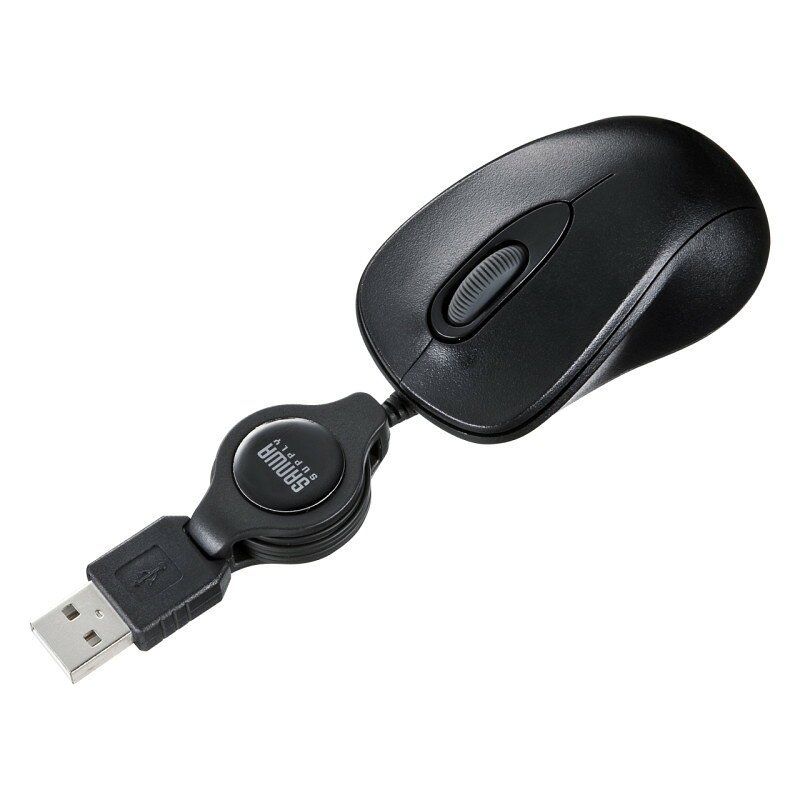 型番MA-MA6BK 商品説明【特長】 携帯・モバイルに最適な、ケーブル巻取り式超小型マウス。 ケーブルを巻き取ることができる有線マウスです。ケーブルの長さを調節可能で、机の上で余ったケーブルが邪魔になることがありません。 超小型サイズで携帯・モバイルに最適です。 スムーズで快適に操作できる分解能800カウントです。 差し込むだけで使える手間なし簡単接続です。面倒なソフトのインストールが不要です。 【仕様】 カラー：ブラック インターフェース：USB HID仕様バージョン1.1準拠※USB3.1/3.0/2.0インターフェースでも使用できます。 コネクタ形状：USB Aコネクタ 分解能：800カウント/インチ 読み取り方式：光学センサー方式 ボタン：左ボタン、右ボタン、ホイール（スクロール）ボタン※macOS、Mac OSで標準インストールされているSafari、Mail、Text Edit及びFinderなど、OSドライバーでスクロール可能なアプリケーションでのみスクロール可能です。またホイールボタン押し下げによる動作はサポートしません。 サイズ：W46×D73×H33mm 重量：約44g ケーブル長：0.7m セット内容：マウス、取扱説明書