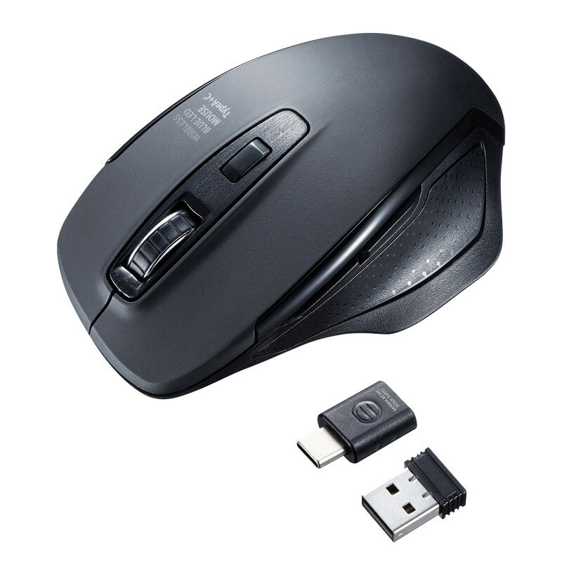 型番MA-WBLC169BK 商品説明【特長】 USB　TYPE-C・A　レシーバーを2個搭載した5ボタンワイヤレスブルーLEDマウス。 USB A、Type-Cの2個のレシーバーがついたワイヤレスマウスです。 2つのパソコンを切り替えて使える便利なマウスです。 同時に使用することはできません。 クリック音が静かで周りに迷惑をかけずにパソコン操作ができます。 赤色の光学式より感度の高いブルーLEDを搭載し光沢感のあるデスク面でもマウスパッドなしでスムーズな操作が可能です。 鏡など光を反射する素材や、ガラスなど透明な素材の上でご使用になると、カーソルがスムーズに動かない場合があります。 また規則正しいパターンの上ではトラッキング能力が低下する場合があります。 マウスポインタを動かさず、手元のサイドボタンにも「戻る・進む」の2ボタンを搭載しており、Webブラウザで操作をスピーディに行えます。 Apple Macシリーズでは使用できません。 ノートパソコンに差したままで、持ち運びや保管ができる小型レシーバーです。 ケーブルを気にせず使えるワイヤレスタイプです。 電波障害に強い2.4GHzデジタル帯で、通信範囲が半径10mの広範囲で安定したデータ通信が可能です。 電波干渉のない場合に限る 透明ガラスなどの一部の表面では動作しにくい場合があります。 レシーバーはマウス本体裏面に差し込むだけの簡単収納です。 不使用時の電池消耗を防止する電源ON・OFFスイッチ付き。 用途に合わせてカーソル速度が変更できる、カーソル速度切替機能付きです。1000・1600の2段階の切替えができます。 【仕様】 インターフェース：USB HID仕様バージョン1.1準拠※USB3.1/3.0/2.0インターフェースでも使用できます。 コネクタ形状：USB Aコネクタ、USB Type-Cコネクタ ワイヤレス方式：2.4GHz RF電波方式 通信範囲：木製机（非磁性体）/半径約10mスチール机（磁性体）/半径約2m 分解能：1000・1600カウント/インチ 静音：左右ボタン 読み取り方式：光学センサー方式（ブルーLED） ボタン：2ボタン、2サイドボタン、ホイール（スクロール）ボタン、切り替えボタン※macOS、Mac OSで標準インストールされているSafari、Mail、Text Edit及びFinderなど、OS標準ドライバでスクロール可能なアプリケーションでのみスクロール可能です。 横スクロール機能：なし レシーバー収納：あり 電池性能：連続動作時間/約150時間連続待機時間/約45000時間使用可能日数/約272日※1日8時間パソコンを使用中に、マウス操作を5％程度行う場合。（新品の単三アルカリ電池使用時）※自然放電を考慮しない弊社計算値であり、保証値ではありません。※使用期間により、徐々に性能が低下します。予めご了承ください。 サイズ：マウス/W74.8×D111.7×H40.2mmUSB Aレシーバー/W14.1×D18.5×H6.1mmType-Cレシーバー/W14.5×D23.2×H6.5mm 重量：マウス/約74g（電池含まず）USB Aレシーバー/約2gType-Cレシーバー/約2g セット内容：マウス、USB Aレシーバー×1、USB Type-Cレシーバー×1、単三乾電池×1（テスト用）、取扱説明書
