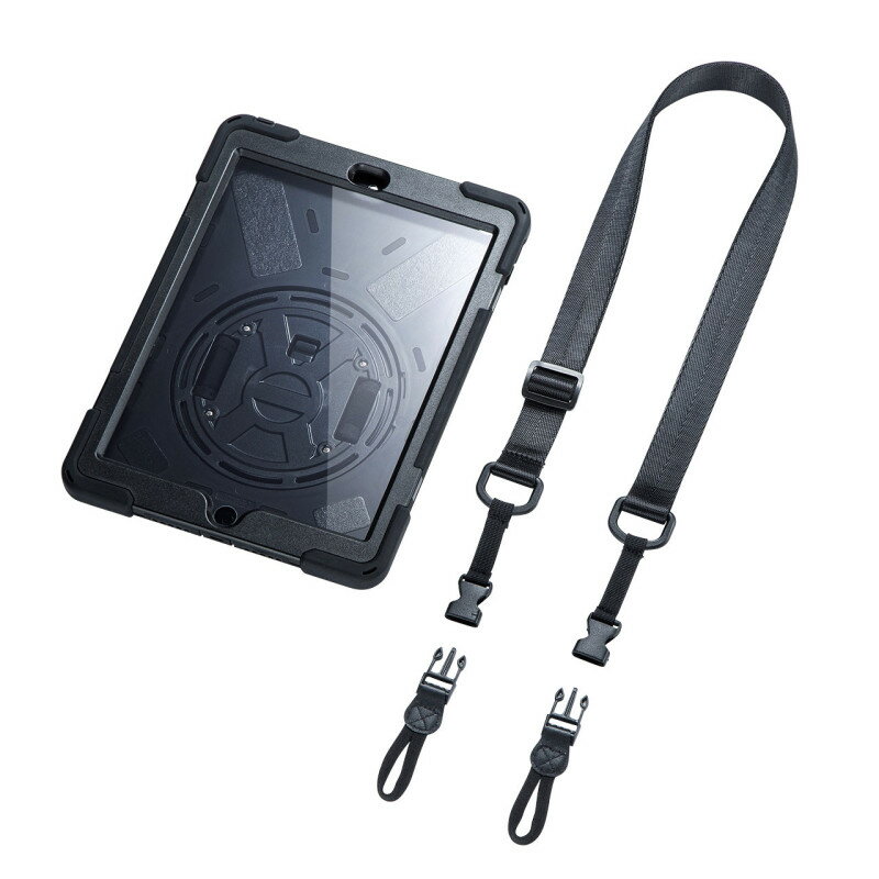 型番PDA-IPAD1620BK 商品説明【特長】 画面部分も保護できる! 360度回転するハンドル、スタンド付耐衝撃ケース 360°回転するハンドル、スタンド付きの耐衝撃ケースです。 画面部分も保護できる透明フィルター付きで、キズや汚れから守ります。 スタンドは横置き、縦置きの両方に対応しています。 耐衝撃素材で、iPadを外部からの衝撃から守ります。 着脱可能なショルダーベルト付きです。 タッチペンを取り付けできるホルダー付きです。 サンワサプライ製品で取り付け可能なタッチペンはPDA-PEN46BK、PDA-PEN47BKです。 【仕様】 サイズ：W193×D30×H263mm 重量：約420g ショルダーベルト長：138mm