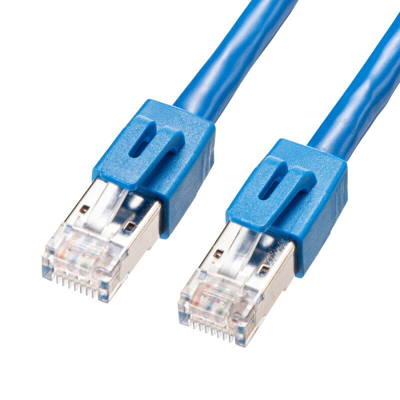 型番KB-T6STP-15BL 商品説明【特長】 ノイズに強いシールドタイプ、1000BASE-TX対応のカテゴリ6STP LANケーブル ツイストペアケーブルをさらにシールドでカバーし、ノイズに強い構造です。 1000BASE-TXギガビットイーサネットに完全対応し、伝送速度1000Mbps（1Gbps）、伝送帯域250MHzを実現します。 性能をフルに引き出せる「単線」仕様です。 【仕様】 カラー：ブルー ケーブル長：15m コネクタ形状：RJ-45シールドコネクタ（ツメ折れ防止カバー付き） ケーブル構造：STP、単線（24AWG）、ストレート全結線 ケーブル直径：6.4mm 対応伝送帯域：カテゴリ6（1000BASE-TX）、カテゴリ5e（1000BASE-T）、カテゴリ5（100BASE-TX）、カテゴリ3（10BASE-T）適合