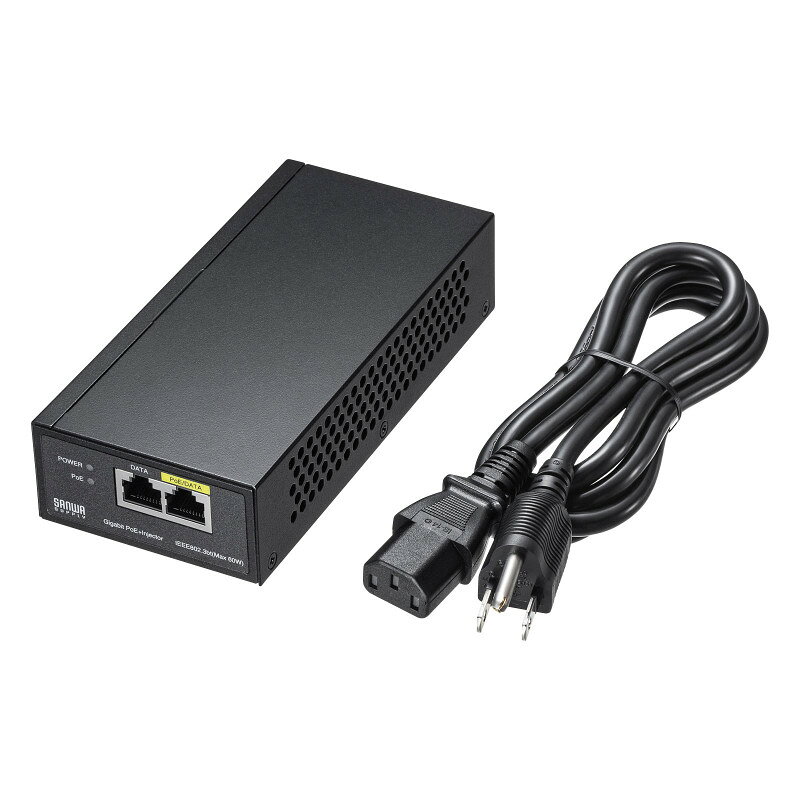型番LAN-GIHINJ5 商品説明【特長】 IEEE802.3bt(Class6)規格に対応し最大60WのPoE給電が可能なPoEインジェクター IEEE802.3af/atだけでなくIEEE802.3bt（Class6/最大60W）の給電に対応したPoEインジェクターです。 消費電力の大きいドーム型PoEカメラや無線アクセスポイントなどへのPoE給電に最適です。 PD（PoE受電対応機器）には、LANケーブルのみで信号伝送と電力供給ができます。 1、2、3 ギガ転送に対応していますので、IPカメラ等の映像転送にも最適です。 放熱性に優れたメタル筐体を使用しています。 AUTO-MDIX機能搭載。 電源内蔵タイプなので、電源ケーブルのみの取り回しで設置できます。 1 PoEポート使用時の注意点 PoE給電に使用するケーブルはカテゴリ6ストレートケーブル、または24AWG/23AWGより太いものをご使用ください。 推奨ケーブル（サンワサプライ製） ・KB-T6POEシリーズ ・KB-T6ATSシリーズ ・KB-T5Tシリーズ 2 PoE給電は、必ずPoEに対応した機器(PD)にのみ使用して下さい。 3 PDに使用する前に、必要な電力を確認してください。 【仕様】 ポート数：1ポート 最大伝送速度：1000Mbps（1000BASE-T） 準拠規格：IEEE802.3（10BASE-T）、IEEE802.3u（100BASE-TX）、IEEE802.3ab（1000BASE-T）、IEEE802.3af/at/bt（※Class6/最大60W供給） スイッチング方式：Store＆Forward 通信モード：フルデュプレックス/ハーフデュプレックス ポート構成：Dataポート（入力）1ポートPoE/Dataポート（出力）1ポート PoE対応ポート出力：af規格 15.4W/1ポート（最大）at規格 30W/1ポート（最大）bt規格 45W/1ポート（最大）bt規格 60W/1ポート（最大） PoE給電方式：Alternative A、Alternative B 電源：電源内蔵 入力電圧：AC100〜240V±10％ 50/60Hz サイズ：W154×D73×H36mm 重量：約576g 電源ケーブル長：1.5m 消費電力（最大）：約61.56W 動作時環境条件：使用時温度/0〜40℃使用時湿度/10〜90％ 筐体材質：メタル 壁掛け：有 VCCI規格：VCCI Class B セット内容：本体、壁掛けネジ×2、アンカー×2、ゴム足×4、電源ケーブル、取扱説明書