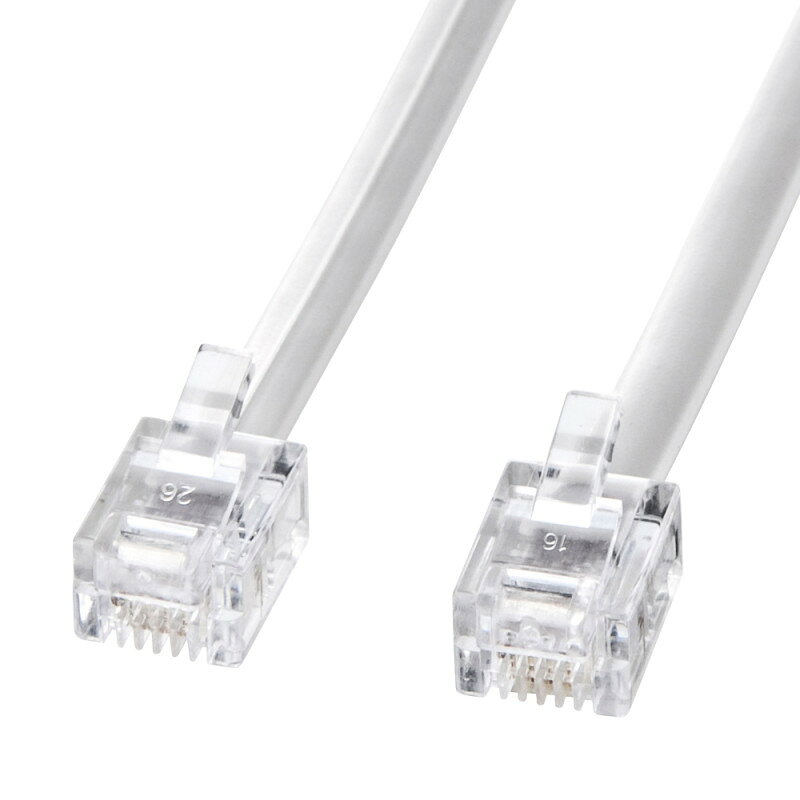 型番TEL-N1-10N2 商品説明【特長】 モジュラーケーブル（電話線）　白 電話回線とモデム内蔵パソコン、モデム、FAX、電話機などを接続するケーブルです。 ADSL回線とADSLモデムやスプリッタを接続する際にも使用できます。 ISDN回線とDSUまたはDSU内蔵TAなどのISDN機器を接続する際にも使用できます。 厚さ約2.5mm（2.55mm）のスタンダードタイプの電話ケーブルです。 NTT端子結線に準拠して、両端のプラグは一方が逆さまに取り付けられています。 NTT端子結線準拠でない6極4芯の機器には使用できません。 ＜ご注意＞ ケーブルの抜き差しの際にはプラグのツメを押した状態で行ってください。ケーブルを強く引っ張ると断線の原因になります。 ケーブルをステイプルや釘などで固定しないでください。 ケーブルを動かした際にノイズが入ったり音声がとぎれたりする場合には断線の可能性があります。使用を中止し、新しいものと交換してください。 本製品は屋内用です。 【仕様】 カラー：ホワイト ケーブル長：10m 厚さ：約2.55mm ケーブル：6極4芯仕様※ホームテレホンやビジネスホンに対応します。また、6極2芯タイプの機器にも使用できます。※両端のプラグは、一方が逆さまに取り付けられています。※NTT端子結線準拠でない6極4芯の機器には使用できません。 コネクタ：RJ-11モジュラープラグ-RJ-11モジュラープラグ