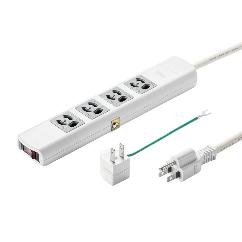 型番TAP-34MG-5 商品説明【特長】 3P、4個口、5m、抜け止め式、一括集中スイッチ＆ブレーカー、マグネット付 ブレーカー内蔵で電力オーバーによる発熱や火災事故を防ぎます。 接続している機器の消費電力の合計が1500Wを超えた場合、ブレーカーが作動し電源が切れます。 通電ランプ付きの一括集中スイッチが付いているので、通電状態が一目でわかり消し忘れが防止でき便利です。 トラッキング火災予防に有効な絶縁キャップ付きプラグを採用しています。 3P→2P変換アダプタ付きです。 アースターミナル付きです。 マグネット付きなので、スチールキャビネット・デスクに取り付けできます。 ＜ご注意＞ 消費電力が1500Wを超えても、すぐに電源は切れません。オーバーした消費電力の％によって、ブレーカーが作動するまでの時間は異なります。 135％オーバー時（2025W）約1時間 200％オーバー時（3000W）約4〜50秒 300％オーバー時（4500W）約0.8〜12秒 500％オーバー時（7500W）約0.3〜4秒 室温25℃の場合 ＜ブレーカーが作動した場合＞ 一度接続した機器をタップから外し、1500W以下になるように機器を取り除き、リセット側にスイッチを押して使用してください。 【仕様】 カラー：ホワイト 定格容量：15A・125V（合計1500Wまで） プラグ：3P（3P→2P変換アダプタ付き） 差込口：3P・4個口（抜け止めタイプ） 差込口間隔：35mm アースコード長：150mm コード：HVCTF 1.5スケア（SQ）×2心＋0.75スケア（SQ）×1心（アース） コード仕上がり外形寸法：8.5mm コード長：5m サイズ：W235×D45×H26mm 使用地域：日本国内のみ。日本以外ではご使用いただけません。 認証：電気用品安全法（PSE）技術基準適合品