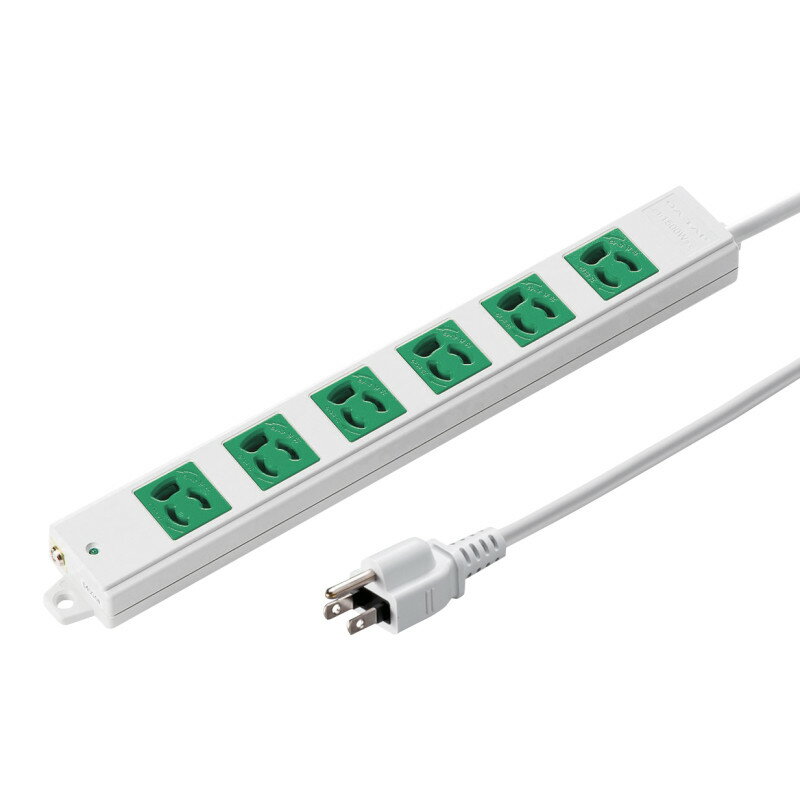 型番TAP-K6-3G 商品説明【特長】 病院、工場、オフィスのバックアップ用電源として使われる緑色の電源タップです。 病院、工場、オフィスのバックアップ用電源として使われる緑色の電源タップです。 3P抜け止めタイプの6個口タップです。 電源状態が確認できる通電ランプ付きです。 差込口部分に熱・衝撃に強いユリア樹脂を採用して二重構造にしています。 トラッキング火災予防絶縁キャップ付き、3Pプラグです。 裏面にマグネットが付いているので、スチールのデスクなどに仮固定することができます。 無鉛ハンダを使用した環境にやさしい製品です。 ゴミを減らすことができて環境にも優しい、簡易ビニール袋パッケージを採用しています。 【仕様】 定格容量：15A・125V（合計1500Wまで） プラグ仕様：3P（絶縁キャップ付き） 差込口：3P（抜け止めタイプ）・6個口 差込口間ピッチ：40mm コード種類：ビニルキャブタイヤ丸形コード（VCTF） コード：VCTF 2.0スケア（SQ）×2心、0.75スケア（SQ）×1心（アース）仕上がり外形寸法 約直径8.5mm コード長：3m 本体サイズ：W319×D43.5×H26mm 使用地域：日本国内のみ。日本以外ではご使用いただけません。 認証：電気用品安全法（PSE）技術基準適合品
