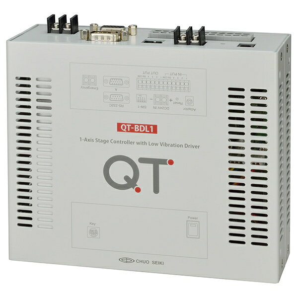 型番QT-BDL1 特徴【特長】 電源電圧DC24Vの1軸コントローラドライバです。専用ACアダプタQT-ACを使用することでAC100Vでもご使用になれます。 低振動ドライバを搭載。従来のドライバより低振動駆動を実現しました。 操作ボックスQT-AKによるジョグ移動、ステップ移動、ティーチング動作、ワンタッチスピード切替などが可能です。 標準添付の専用アプリケーションソフト（QT-EDIT）で作成したプログラムを記憶し、コントローラ単体での自動運転が可能です。 操作ボックスの液晶に単位表示（mm、μm、デシマル度、度分秒を記号等で簡易表示）が可能です。 パソコン用インターフェースとして、RS-232Cを標準搭載しています。 汎用入出力端子、駆動パルス出力、移動/停止出力、内蔵プログラムCH選択入力など各種信号入出力により他の機器との接続が可能です。 台形駆動により滑らかな加速・減速が可能なS字駆動機能を標準搭載しています。 汎用入出力端子（入出力各4点/16ポート）を装備しています。 電磁ブレーキ制御機能を装備しています。QT-BK（別売り）の併用により電磁ブレーキ制御が可能です。 【注意事項】 ご使用前にモータ駆動電流（相電流）を設定してください。 QT-BDL1内部に内蔵されたモータドライバユニット上のRUNロータリスイッチを変更します。 工場出荷時は0.75A/相に設定されています。 【仕様】 制御軸数：1軸 種類：コントローラ本体 入力電源：電圧範囲/DC24V±5%以内、電流容量/2.5A以上、許容リップル電圧/200mVp-p以下でサージ等が無いこと（これらの条件が全て満たされないと破損する可能性があります） 周囲温度/湿度：10〜40℃/20〜80%（非結露） 外形寸法(mm)：W165×D142×H60mm（突起部含まず） 質量：1.6kg 適合機種：当社自動ステージ 標準付属品：取扱説明書、ゴム足4個、CD-ROM※取扱説明書のデータはCD-ROMに収納 備考受注生産のため受注後キャンセル不可