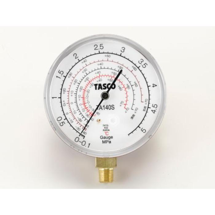 型番TA141S 商品説明【特長】 R463A-Jの液相/気相飽和温度目盛付 R410A、R32の飽和温度目盛付 振動吸収機能付 0点調整機能付 【仕様】 圧力範囲：ー0.1〜3.8MPa ゲージ外径：80φ ゲージ取付ネジ径：1/8″NPT