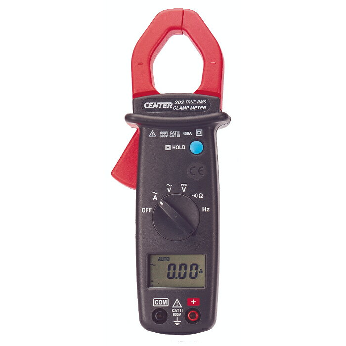 型番CENTER-202 商品説明【特長】 直流電圧　400V/600V 交流電圧　400V/600V、交流電流　40A/400A クランプ径　25mm データホールド、周波数測定 オートパワーオフ、オートレンジ機能 分解能　0.01A、0.1V 小型高精能型クランプテスタです 実効値タイプ（TRUE RMS） 反応速度も早く（0.5秒）安定した測定が可能です オートパワーオフなど多機能型テスタです 【仕様】 測定範囲/交流電流（A）：40A/400A　精度±（1.9%rdg+5dgt） 測定範囲/直流電圧（V）：400V/600V　精度±（1%rdg+2dgt） 測定範囲/交流電圧（V）：400V/600V　精度±（1.5%rdg+5dgt） 周波数（A）：20Hz〜10kHz　精度±（0.1%rdg+1dgt） 周波数（V）：10Hz〜1MHz　精度±（0.1%rdg+1dgt） 抵抗（Ω）：400Ω　精度±（1%rdg+2dgt） 導通テスト：ブザー音(≦40Ω) クランプ径（mm）：25 機能：オートレンジ、オートパワーオフ 使用環境：0〜40℃　80%RH以下 電源：1.5V単4電池×2 サイズ：50X28X193mm 付属品：本体×1、テストリード棒、1.5V単4電池×2、取扱説明書、保証書