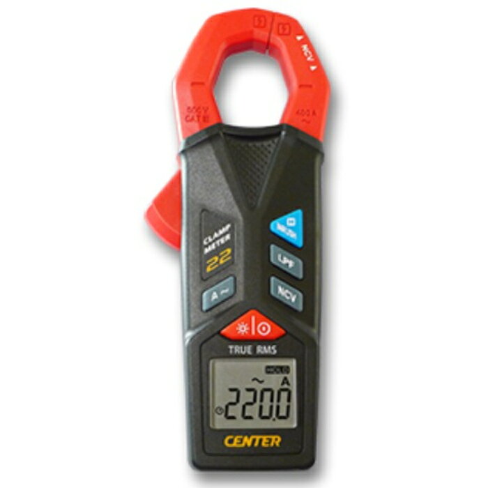 型番CENTER-22 商品説明【特長】 実効値タイプのクランプメータ ポケット型で携帯に便利 【仕様】 測定範囲：40A/400A(オートレンジ) 精度±2%rdg±5dgt 機能：検電機能(AC80〜600V) データホールド、ローパスフィルター機能付 クランプ径（mm）：φ23 サンプリング：2回/秒 使用環境：0〜40℃、80％RH以下(結露なきこと) 電源：単4電池×2 サイズ：59X149X27.5mm 付属品：本体×1、単4電池×2　取扱説明書（保証書）