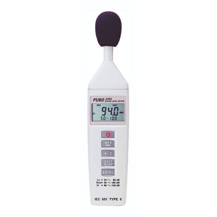 型番SD-2200 商品説明【特長】 使い易さNO.1定番モデル 測定範囲32〜130dBで3段階レンジ切替が可能 A／C特性、FAST／SLOWに対応 別売騒音キャリブレータにて校正が可能です 50dBのダイナミックレンジ 【仕様】 マイクロホン：エレクトレットコンデンサマイクロホン 測定範囲：レベル/32〜130dB、周波数/31.5Hz〜8KHz 本体精度（基準条件@94.1KHz）：±1.5 表示分解能（dB）：0.1 レンジ切替：3段階、（Lo/32〜80dB、Med/50〜100dB、Hi/80〜130dB） 周波数特性/WT：2レンジ（A特性、C特性）、タイムウェイト;FAST（125ms）、SLOW（1秒） ディスプレイ：4桁液晶ディスプレイ　2回/秒 外部出力：AC出力のみ（フルスケール時1Vrms） 使用環境：0〜40℃、10〜90％ RH 電源：006P（9V）電池×1 電池寿命：約60時間 サイズ：54X34X232mm 付属品：006P（9V）電池×1、調整用ドライバー、防風スクリーン、取扱説明書、保証書