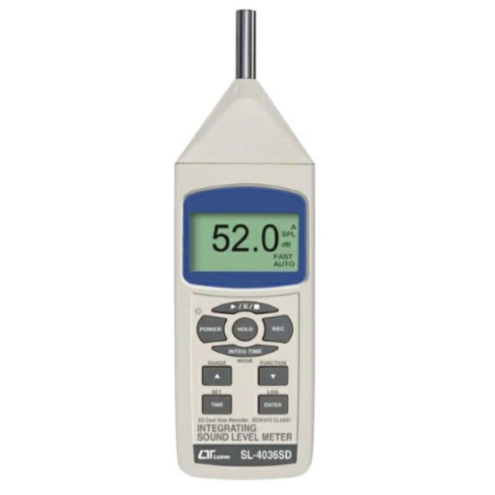 型番SL-4036SD 商品説明【特長】 等価騒音レベル測定可能 音圧レベル測定可能 SDカード付なのでPCでデータ管理 【仕様】 マイクロホン：コンデンサマイクロホン 測定範囲：レベル/30〜130dB、　周波数/31.5Hz〜16KHz レンジ切替：2段階（Low/30〜80dB、 Med/80〜130dB） 周波数特性：A特性、C特性 動特性：FAST（125mS）、SLOW（1S） サンプリング（回/秒）：1 記録間隔（秒）：1〜3600 使用環境：0〜50℃、 85%RH以下 (結露なきこと) 電源：単3電池×6 サイズ：68X45X245mm 付属品：単3電池×6、SDカード（4GB）、取扱説明書(保証書付)、キャリングケース