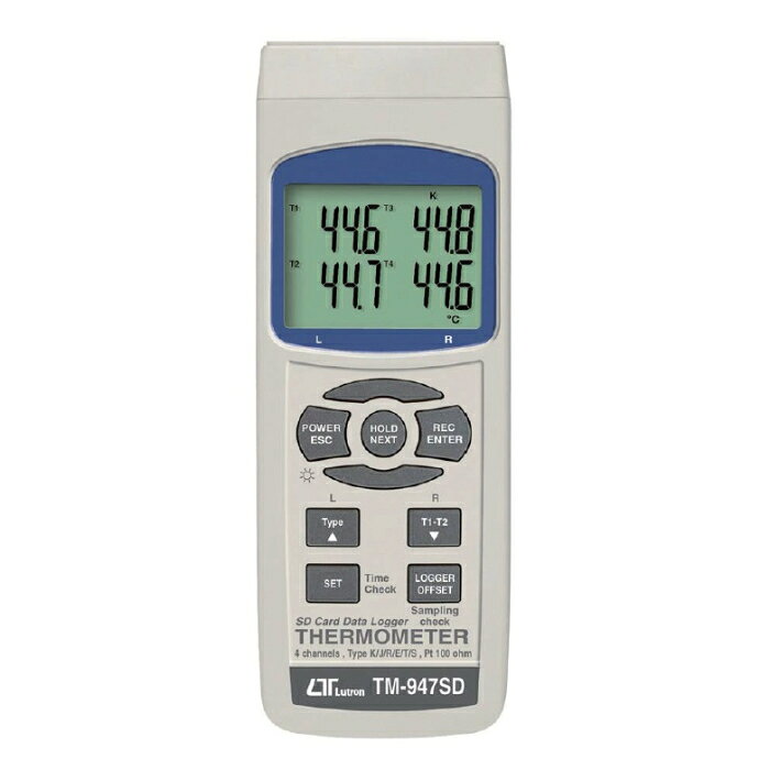 型番TM-947SD 商品説明【特長】 同時に4ch表示できるので性能試験などではとても便利です SDカードにデータを収納できます最大16GB 【仕様】 測定方式：K熱電対、J熱電対、Pt100Ω 測定範囲/K熱電対：-199.9〜+1370℃（※使用センサにより異なります。） 測定範囲/J熱電対：-199.9〜+1210℃（※使用センサにより異なります。） 測定範囲/Pt100 Ω：-199.9〜+850.0℃（※使用センサにより異なります。） 本体精度：±（0.5％ rdg.+1℃）/K熱電対、±（0.5％ rdg.+1℃）/J熱電対、±（0.4％ rdg.+1℃）/Pt100 Ω 表示分解能：0.1℃/1℃ ディスプレイ：1283_CENTER-520 表示間隔：1回/秒 データロガー： 16000pts サンプリング時間：1秒〜59分59秒 インターフェース：RS-232C 機能：データホールド、Max.Min温度表示、オート／マニュアルパワーオフ、ローバッテリー表示 電源：単3電池×6、消費電流約DC9mA 使用環境：0〜50℃、80％ RH以下 サイズ：68X42X174mm 重量：約310g 付属品：単3電池×6、取扱説明書、保証書、ビーズ型K熱電対センサ TPK-01（1.2m）×4