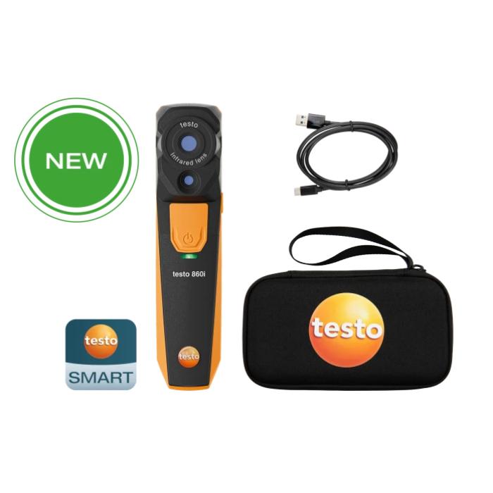 型番 860I 商品説明 【特長】 ●testo 860iはスマートフォン/タブレットにワイヤレス接続可能なサーモグラフィです。 ●アプリケーションに特化した測定機能 デルタヒートとデルタクールを使用して、素早く簡単にデルタT (温度差)を熱画像上で解析することが可能です。 ●手の届かない場所にある対象物を手軽に検査できるだけではなく、スマートフォンやタブレットに取り付けて片手操作することもできます。 ●testo 860iはモバイル端末にインストールされたモバイルアプリtesto Smartにワイヤレス接続します。熱分布、温度計の届かない場所の温度測定等、様々なアプリケーションにご活?いただけます。 【注意事項】 ●本製品にスマートフォンは付属しておりません。 ●商品画像はイメージです。実際の商品とは異なる場合がございます。 ●掲載商品の仕様は予告なく変更する場合や取扱いを中止する場合もございますのでご了承ください。 ●国内仕様に限ります。 【仕様】 ●サーモグラフィ 赤外画像出力/視野角：48° x 36° ●フォーカス：固定焦点 ●最小焦点距離(m)：[赤外画像出力]0.3　[可視画像出力]0.4 ●フレームレート(Hz)：9 ●画素数(pixels)：[赤外画像出力]256 x 192　[可視画像出力]640 x 480 ●温度分解能(mk)：50 ●スペクトル範囲(?m)：8〜14 ●サイズ：165X45X38mm ●重量：195g ●付属品：本体、USB Type Cケーブル (5 V/2 A)、ケース