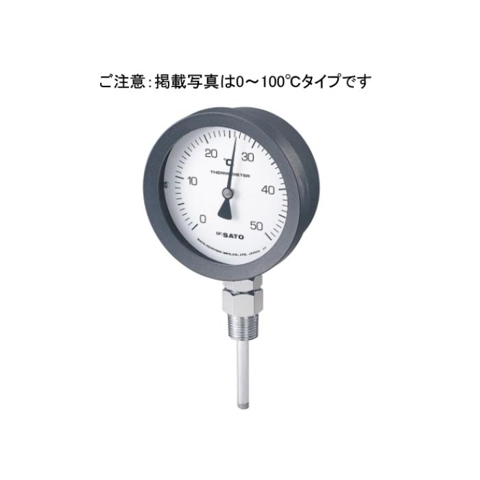 型番 BM-S-100P-200150 商品説明 【特長】 感温部をケース下部に配置した（下出し型）バイメタル式温度計です。ケースにポリアミド樹脂、感温部やネジを真鍮製にすることでコストダウンを実現しました。 【注意事項】 ご発注の際は、ご使用になられる温度に対し余裕をもった目盛範囲をご指定ください。 次の場合は必ず保護管（オプション）をご使用ください。 1．50°C以上の液体を測定する場合（やけどや火災の危険性があります） 2．0.5MPa以上の圧力がかかる場合 3．腐食性の被測温物を測定する場合（ただし材質SUS304が環境により耐腐食に適材と認められない場合があります） 商品画像はイメージです。実際の商品とは異なる場合がございます。 掲載商品の仕様は予告なく変更する場合や取扱いを中止する場合もございますのでご了承ください。 国内での使用に限ります。 【仕様】 目盛範囲（℃）：0〜200 目盛刻度：5/1（1目盛5°C） 精度：±1目盛 ケース外径（mm)：φ110（ダイヤル径φ100） 感温部（mm)：φ8×150 取付ネジ：R1/2 ネジ部耐圧(MPa)：0.5 使用可能な保護管：No.3304-00 材質：ケース プラスチック（ポリアミド樹脂：PA）、透明版 ガラス、感温部　取付ネジ BS（真鍮メッキ）