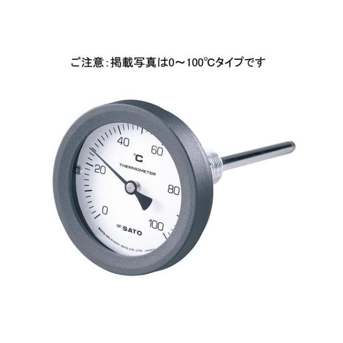 型番 BM-T-75P-200100 商品説明 【特長】 感温部をケース背面に配置した（裏出し型）バイメタル式温度計です。ケースにポリアミド樹脂、感温部やネジを真鍮製にすることでコストダウンを実現しました。 【注意事項】 ご発注の際は、ご使用になられる温度に対し余裕をもった目盛範囲をご指定ください。 次の場合は必ず保護管（オプション）をご使用ください。 1．50°C以上の液体を測定する場合（やけどや火災の危険性があります） 2．0.5MPa以上の圧力がかかる場合 3．腐食性の被測温物を測定する場合（ただし材質SUS304が環境により耐腐食に適材と認められない場合があります） 商品画像はイメージです。実際の商品とは異なる場合がございます。 掲載商品の仕様は予告なく変更する場合や取扱いを中止する場合もございますのでご了承ください。 国内での使用に限ります。 【仕様】 目盛範囲（℃）：0〜200 目盛刻度：5/1（1目盛5°C） 精度：±1目盛 ケース外径（mm)：φ87（ダイヤル径φ75） 感温部（mm)：φ8×100 取付ネジ：R1/2 ネジ部耐圧(MPa)：0.5 使用可能な保護管：No.3302-00 材質：ケース プラスチック（ポリアミド樹脂：PA）、透明版 ガラス、感温部　取付ネジ BS（真鍮メッキ）