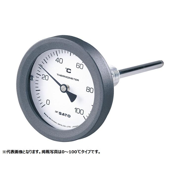 型番 BM-T-75P-050100 商品説明 【特長】 BM-T-75P は感温部をケース背面に配置した（裏出し型）バイメタル式温度計です。ケースにポリアミド樹脂、感温部やネジを真鍮製にすることでコストダウンを実現しました。 【注意事項】 ご発注の際は、ご使用になられる温度に対し余裕をもった目盛範囲をご指定ください。例：100°Cをご使用の場合は、目盛範囲0〜150°Cを指定 次の場合は必ず保護管（オプション）をご使用ください。1．50°C以上の液体を測定する場合（やけどや火災の危険性があります）2．0.5MPa以上の圧力がかかる場合3．腐食性の被測温物を測定する場合（ただし材質SUS304が環境により耐腐食に適材と認められない場合があります） 振動のある場所での設置は避けてください。 在庫規格品以外の仕様はお問い合わせください。 商品画像はイメージです。実際の商品とは異なる場合がございます。 掲載商品の仕様は予告なく変更する場合や取扱いを中止する場合もございますのでご了承ください。 国内での使用に限ります。 【仕様】 目盛：目盛範囲／0〜50°C、目盛刻度／1/1（1目盛1°C） 精度：±1目盛 寸法：ケース外径／φ87mm（ダイヤル径φ75mm）、感温部／φ8×100mm 取付ネジ：R1/2 ネジ部耐圧：0.5MPa 材質：ケース／プラスチック（ポリアミド樹脂：PA）、透明版／ガラス、感温部 取付ネジ／BS（真鍮メッキ）