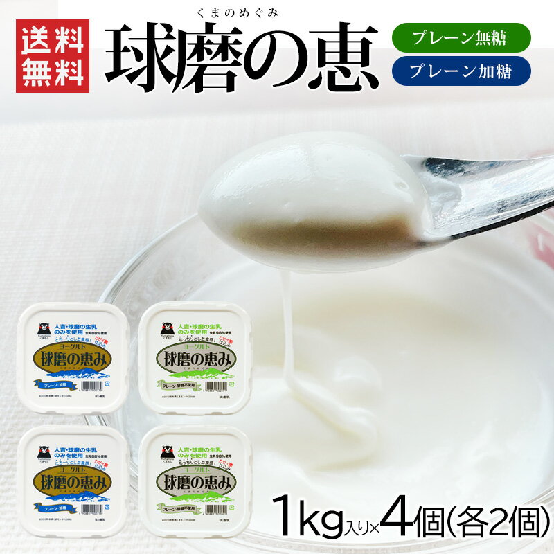 球磨の恵ヨーグルト　加糖×2　無糖×2 合計4個セット / 送料無料 球磨酪農 ヨーグルト 熊本 加糖 無糖 球磨の恵 くまもん 1kg 冷蔵 /（北海道・沖縄別途送料）