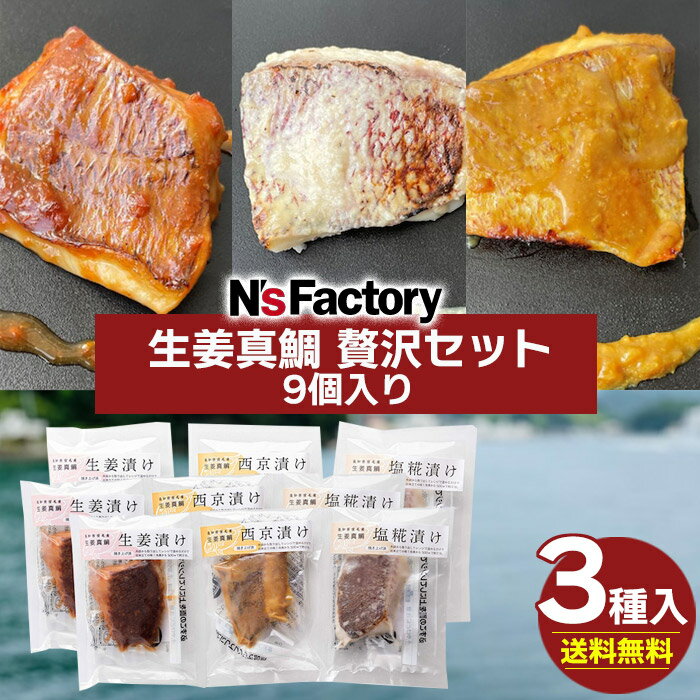 N'sファクトリー 生姜真鯛 贅沢セット9個入り 送料無料 生姜漬け 西京漬け 塩こうじ漬け 漬け焼き レンジ調理 簡単調理 焼き魚 真空冷凍 真鯛 生姜真鯛 高知県産 贈り物 贈答 ギフト プレゼント 御祝 内祝 お食い初め (北海道・沖縄別途送料)