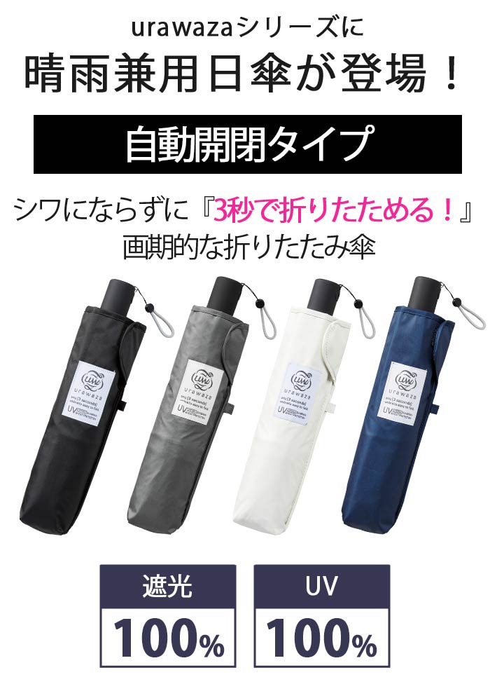 日傘 折りたたみ傘 晴雨兼用 男女兼用 urawaza ウラワザ 3秒でたためる傘 自動開閉 無地 UV 遮光 UPF50＋ 雨傘 折りたたみ おりたたみ傘 コンパクト 撥水 置き傘 通勤 通学 シンプル ベーシック エスタ estaa ブラック 黒 55cm 人気 軽量 31-230-30244-12