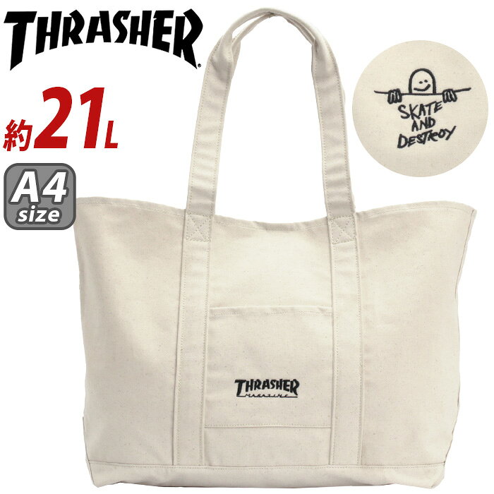 スケートカルチャーを代表する人気ブランド『THRASHER（スラッシャー）』から、ストリートスタイルに映えるトートバッグが登場。 「アイボリー／ブラック」はブランドロゴを、「アイボリー／SDロゴ」にはグラフィティ刺繍をあしらった、ストリート感あふれるデザインが魅力。コーディネートのアクセントとしても映える仕上がりです。 ナチュラルな風合いが魅力のオーガニックコットン素材を使用し、カジュアルなスタイルに馴染むやさしい雰囲気に。デイリー使いしやすい軽やかな持ち心地もポイントです。 メインルームはA4サイズ対応で、通学やお出かけにも使いやすいサイズ感。広めのマチ幅を備えているため、荷物をしっかり収納できます。内外にポケットを配置し、小物類も整理しやすく使い勝手の良い仕様です。 マグネットボタン式の開閉を採用しており、荷物の出し入れもスムーズ。開口部をさっと閉じられるため、中身が見えにくく、使い勝手の良さも魅力です。 肩に掛けやすいベーシックなデザインで、通学・通勤からタウンユース、フェスまで幅広いシーンで活躍。男女問わず使いやすいユニセックスデザインも魅力です。 ■メーカー品番：THB-0001 ■カラー：アイボリー／ブラック、アイボリー／SDロゴ ■サイズ：約W54(40)×H33×D14(cm)※メーカー参照 ■素材：オーガニックコットン ■重量：約300g ■容量：約21L ■ポケット：(外)×1(内)×1 ■関連キーワード：THRASHER スラッシャー トートバッグ スタンダードタイプ ベーシックトート トート 手提げ 手持ち メンズ バッグ ナイロン A4 21L 軽量 横型 大きめ 人気 ロゴ カジュアル シンプル おしゃれ 黒 学生 大人 フェス 街用 日常使い 男子 女子 BASIC TOTEBAG M THB-0001メーカー希望小売価格はメーカーサイトに基づいて掲載していますスケートカルチャーを代表する人気ブランド『THRASHER（スラッシャー）』から、ストリートスタイルに映えるトートバッグが登場。 「アイボリー／ブラック」はブランドロゴを、「アイボリー／SDロゴ」にはグラフィティ刺繍をあしらった、ストリート感あふれるデザインが魅力。コーディネートのアクセントとしても映える仕上がりです。 ナチュラルな風合いが魅力のオーガニックコットン素材を使用し、カジュアルなスタイルに馴染むやさしい雰囲気に。デイリー使いしやすい軽やかな持ち心地もポイントです。 メインルームはA4サイズ対応で、通学やお出かけにも使いやすいサイズ感。広めのマチ幅を備えているため、荷物をしっかり収納できます。内外にポケットを配置し、小物類も整理しやすく使い勝手の良い仕様です。 マグネットボタン式の開閉を採用しており、荷物の出し入れもスムーズ。開口部をさっと閉じられるため、中身が見えにくく、使い勝手の良さも魅力です。 肩に掛けやすいベーシックなデザインで、通学・通勤からタウンユース、フェスまで幅広いシーンで活躍。男女問わず使いやすいユニセックスデザインも魅力です。 ■メーカー品番：THB-0001 ■カラー：アイボリー／ブラック、アイボリー／SDロゴ ■サイズ：約W54(40)×H33×D14(cm)※メーカー参照 ■素材：オーガニックコットン ■重量：約300g ■容量：約21L ■ポケット：(外)×1(内)×1 ■関連キーワード：THRASHER スラッシャー トートバッグ スタンダードタイプ ベーシックトート トート 手提げ 手持ち メンズ バッグ ナイロン A4 21L 軽量 横型 大きめ 人気 ロゴ カジュアル シンプル おしゃれ 黒 学生 大人 フェス 街用 日常使い 男子 女子 BASIC TOTEBAG M THB-0001