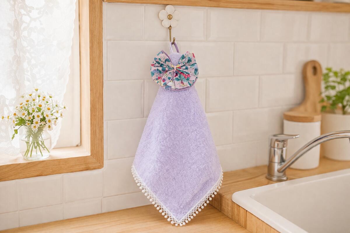 日本製 ハンドメイド リボン付き ループタオル ふんわりやさしいコットン素材 × 丁寧な手作り仕上げ。 キッチンや洗面所、お子様用にもおすすめのかわいいループタオルです。 商品の特徴 日本製・ハンドメイドの丁寧な仕上がり やわらかくやさしい肌ざわりのコットン素材 可愛いリボン付きデザインで上品な印象 ループ付きでフックに掛けやすく便利 キッチン・洗面所・子供用タオルとして使いやすい やわらかなコットン素材 肌に触れるものだからこそ、素材選びにもこだわりました。 本商品は、やわらかくやさしい風合いのコットン素材を使用した 日本製 ループタオルです。手を拭くたびにふんわりとした心地よさを感じられ、 毎日気持ちよくお使いいただけます。 やさしい肌ざわりなので、小さなお子様の手拭き用としてもおすすめです。 子供用 ループタオルとして、保育園・幼稚園・ご家庭でも活躍します。 日本製・手作りの安心感 このハンドメイド タオルは、日本でひとつひとつ丁寧に仕上げています。 細かな部分まで気を配り、リボンや縫製もきれいに整えた、温かみのある一枚です。 既製品にはない手作りならではのやさしさと、日本製ならではの丁寧さが感じられる ループ付きタオルです。 可愛いリボン付きデザイン 上品でかわいらしいリボンデザインがアクセントになり、 キッチンや洗面所の空間をやさしく彩ります。 毎日使うものだからこそ、実用性だけでなく見た目の可愛さにもこだわりました。 かわいい ループタオルをお探しの方、 ナチュラルでやさしい雰囲気の雑貨がお好きな方にもおすすめです。 おすすめの使用場所 キッチン / 洗面所 / トイレ / 子供部屋 / 保育園 / 幼稚園 / ご家庭用毎日使いたくなる、日本製ハンドメイドのループタオル やわらかなコットン素材と、可愛いリボンデザインが魅力。 キッチンや洗面所をやさしく彩る、上品でかわいいループタオルです。 日本で丁寧に仕上げた日本製 ハンドメイド ループタオル。 ふんわりやさしいコットン素材で、手に触れたときの肌ざわりもやわらか。 毎日使うタオルだからこそ、見た目の可愛さと使いやすさの両方にこだわりました。 フックに掛けやすいループ付きで、キッチンや洗面所はもちろん、 お子様用タオルとしてもおすすめです。 上品なリボン付きデザインが、空間を明るくやさしい雰囲気にしてくれます。 かわいい ループタオル、 日本製 タオル、 子供用 ハンドメイド タオルをお探しの方にぴったりの一枚です。