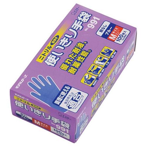 商品情報商品名：エステー ニトリル手袋 ブルー No.991 粉なし(100枚入)Mメーカー型番：7375312JANコード：4901070754960入り数：1サイズ(外寸mm)：全長：240 手の平まわり：約200 中指の長さ：84サイズ(内寸mm)：-重量：-材質：ニトリルゴム商品について●粉なし●100ミクロン●100枚入り●優れた耐油・耐薬性能。特殊加工により粉なしでも着脱がしやすいです。配送料について【ご注意】画面上の色はブラウザやご使用のパソコンの設定により実物と異なる場合があります。
