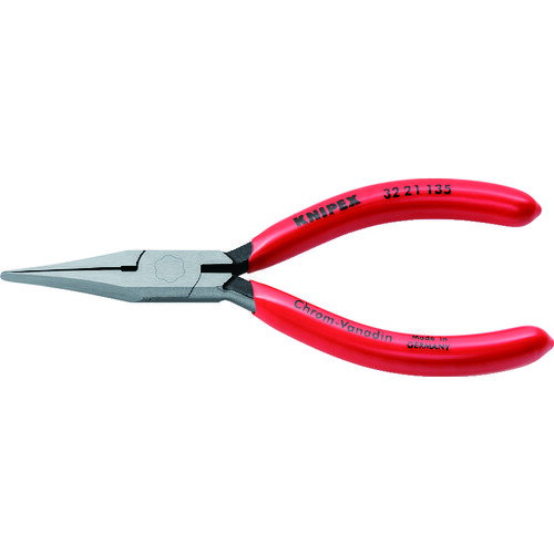 ■商品説明■商品名：KNIPEX 3221-135 アジャスティングプライヤーメーカー：KNIPEXメーカー品番：1955207お届け数：1型式：3221-135JAN：4003773043553メーカー名：KNIPEX社原産国(名称)：ドイツ質量：74質量単位：g特長：●掴み面は研磨されており、エッジも滑らかに処理されています。用途：●小径ワイヤーおよび部品の掴みに。●端子・リレースプリングの曲げ作業に。仕様：●全長(mm):135●厚さ(mm):3.5●先端形状(mm):ストレート●先端形状(mm)E×F:1.0×3.5●落下防止用ひも取付穴:無し●グリップカラー:赤仕様：●鍛造品、油焼き入れ材質/仕上：●高級特殊工具鋼●グリップ:プラスチックコーティング【配送料について】配送料金は、「小物送料」と記載のある商品総額が15,000円未満の場合、別途送料として800円（税別）頂戴いたします。北海道1,500円（税別）、沖縄2,000円（税別）頂戴いたします。東京都島しょ部、離島については、ご注文後に改めて送料をお見積り致します。予めご了承下さい。ご注文前にあらかじめ配送料金を確認されたい場合は、ご購入希望点数、配送先ご住所をご明記頂き、上部「［？］お問い合わせ」フォームよりご連絡下さいますようお願い致します。【ご注意】画面上の色はブラウザやご使用のパソコンの設定により実物と異なる場合があります。