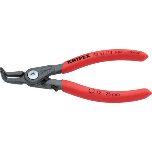 ■商品説明■商品名：KNIPEX 12 -25mm 穴用スナップリングプライヤー 曲メーカー：KNIPEXメーカー品番：8358262お届け数：1型式：4841-J11JAN：4003773079576メーカー名：KNIPEX社原産国(名称)：ドイツ質量：105質量単位：g特長：●リングに過度な負担をかけるのを防ぐリミッターが付いています。●ツール寿命は一般的なスナップリングプライヤーの10倍以上です。●先端チップはリングとの接触面積が広いため、リングを歪めず確実に保持することができます。●ネジ式のストッパーを調整することで、締めすぎを防ぎます。●スクリュージョイントを採用しており、大変滑らかに可動します。●鍛造ボディーにより大変頑丈です。●スリムなヘッド形状により、狭い場所での作業も可能です。●ハンドルのプラスチックコーティングには滑り防止加工が施されています。用途：●穴用スナップリングの取り付け、取り外しに。仕様：●全長(mm):130●リング使用範囲(mm):12~15●爪先端径(mm):1.3●爪形状:90度曲爪仕様：●黒染め仕様●リミッター付材質/仕上：●焼き入れクロムバナジウム鋼●グリップ:ソフトプラスチックコーティング【配送料について】配送料金は、「小物送料」と記載のある商品総額が15,000円未満の場合、別途送料として800円（税別）頂戴いたします。北海道1,500円（税別）、沖縄2,000円（税別）頂戴いたします。東京都島しょ部、離島については、ご注文後に改めて送料をお見積り致します。予めご了承下さい。ご注文前にあらかじめ配送料金を確認されたい場合は、ご購入希望点数、配送先ご住所をご明記頂き、上部「［？］お問い合わせ」フォームよりご連絡下さいますようお願い致します。【ご注意】画面上の色はブラウザやご使用のパソコンの設定により実物と異なる場合があります。