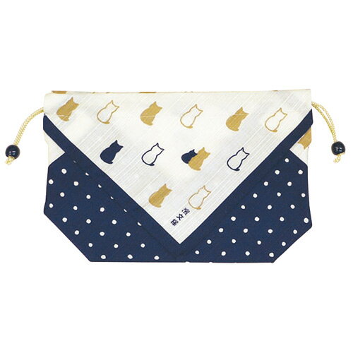 濱文様　お弁当巾着　ねこ　紺