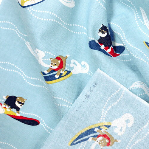 濱文様　てぬぐい　豆柴サーフィン　ブルー