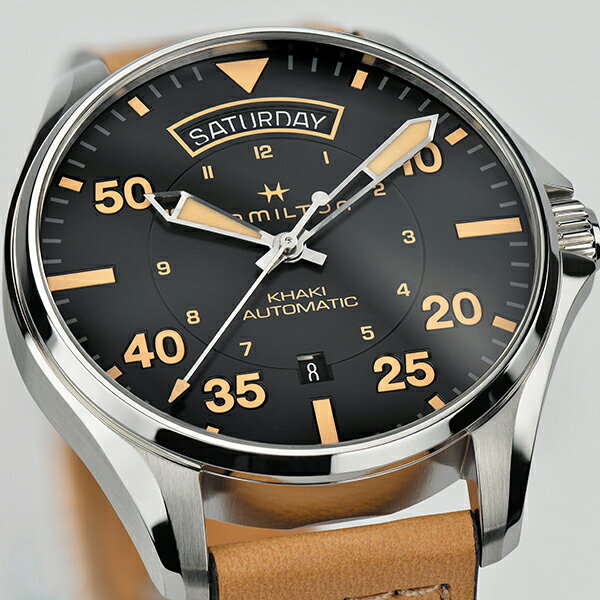 ハミルトン 公式 腕時計 HAMILTON Khaki Aviation Khaki Pilot カーキ アビエーション パイロット デイデイト オートマティック 自動巻き 42.00MM レザーベルト ブラック × ブラウン H64645531 メンズ腕時計 男性 正規品 航空時計 ...