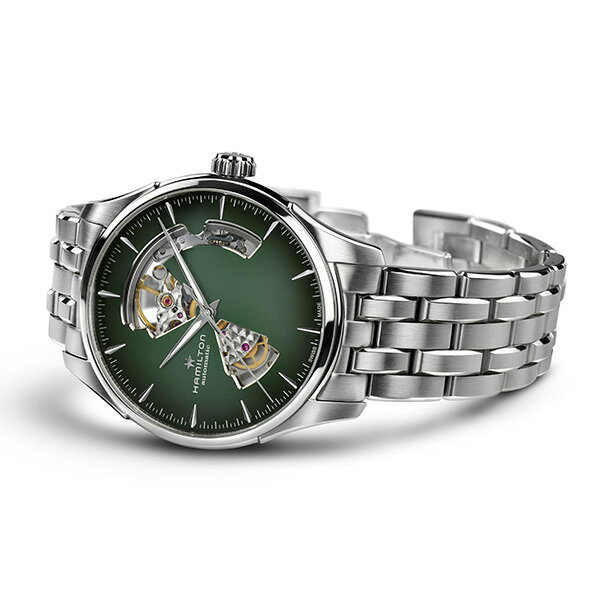 ハミルトン 公式 腕時計 HAMILTON Jazzmaster Open Heart ジャズマスター オープンハート オートマティック 自動巻き 40.00MM ステンレススチールブレス グリーン × シルバー H32675160 メンズ腕時計 男性 正規品 ブランド ビジネス シンプル