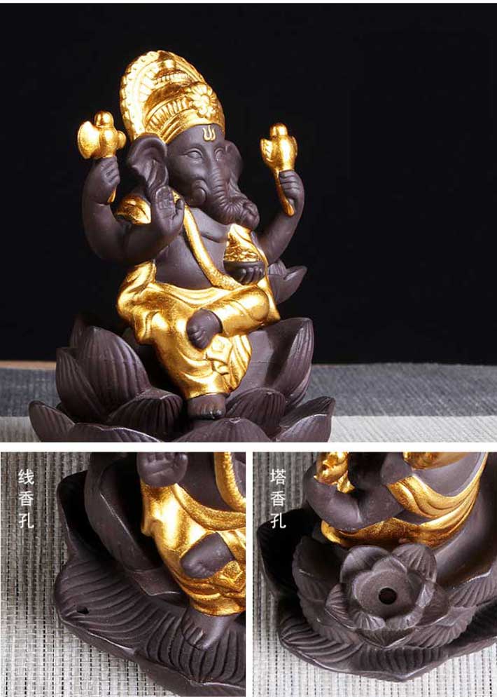 倒流香用香炉蓮花のガネーシャ幻想的煙倒流香香炉インテリアオブジェ陶器風水置き物置物香立て線香おしゃれかわいいお香立て線香立て仏具お線香贈り物