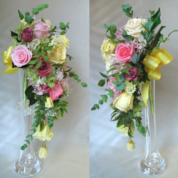 あれんじHana倶楽部の送料無料（一部地域を除く）【只今プレゼント付き】 オーバル ティアドロップ【プリザーブドフラワー】 ブライダルブーケ【シャインShine】W18cm×H35cm キャスケードブーケ【送料無料】｜アングル2