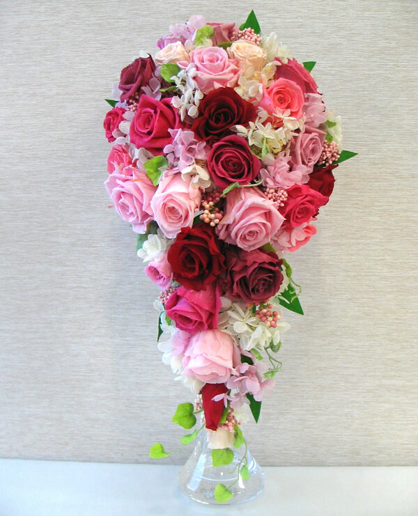 送料無料(一部地域を除く) キャスケードブーケ オーダーメイド【プリンセスピンクのキャスケード】約18×40cm プリザーブドフラワーブライダルブーケ